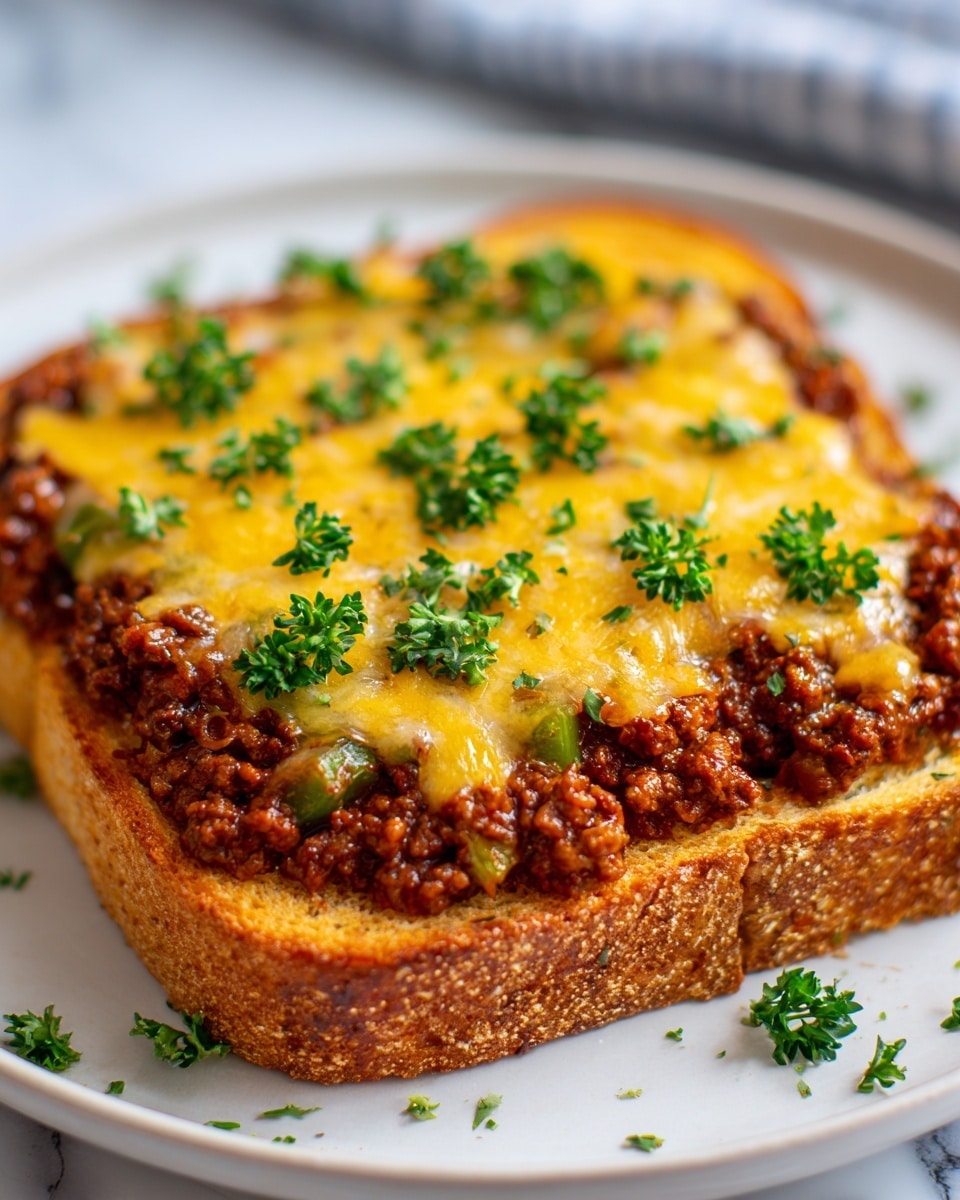 A thick slice of toasted bread forms the base layer, golden brown with textured edges. On top, there is a thick layer of cooked ground meat mixed with green bell pepper pieces, rich brown in color with visible sauce texture. The top layer is melted yellow cheese covering the meat generously, with small patches of green parsley sprinkled over the cheese. The toast sits on a white plate with a white marbled texture background. Photo taken with an iphone --ar 4:5 --v 7