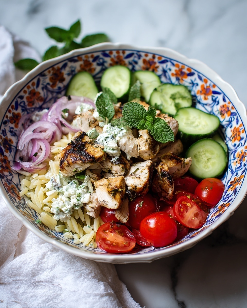 A white bowl with blue and orange patterns holds a layered salad. The bottom layer is light golden orzo pasta mixed with chopped red onions and halved red cherry tomatoes. Next, thick slices of grilled chicken with charred, dark grill marks are placed on one side. Fresh cucumber slices, bright green in color, are spread on top. White crumbled cheese covers parts of the salad, scattered unevenly. Fresh green mint leaves and small pieces of red pepper are added on top as garnish. The bowl sits on a white marbled surface with pieces of cucumber and a whole cucumber to the side. photo taken with an iphone --ar 4:5 --v 7