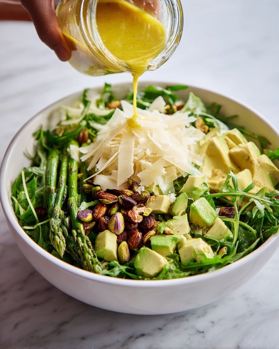 A white bowl holds a fresh green salad with three visible layers: the bottom layer is leafy arugula, bright and dark green with some asparagus spears mixed in; the middle layer has chunks of avocado that are light green with a creamy texture; the top layer contains a pile of shaved light yellow cheese, irregularly shaped. Scattered on the avocado and arugula are brownish-green roasted pistachios. A woman's hand pours bright yellow dressing from a small glass jar onto the salad. The bowl sits on a white marbled surface. Photo taken with an iphone --ar 4:5 --v 7