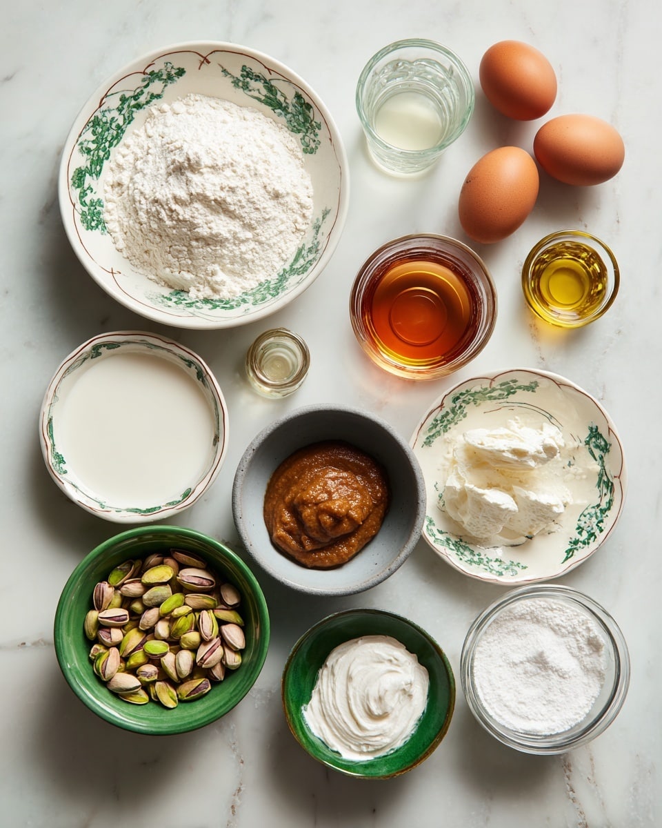 The image shows different ingredients in small bowls and glasses arranged neatly over a white marbled surface. There are two white bowls with green floral patterns holding white flour and sugar, a gray bowl with two brown eggs, a transparent glass with milk, another glass with light golden oil, a gray bowl filled with pistachio nuts, a green bowl with thick greenish-brown paste, a glass with white powder, a small glass with amber liquid, and two small clear glasses with white powders. All items are spaced evenly with soft shadows falling around them. photo taken with an iphone --ar 4:5 --v 7