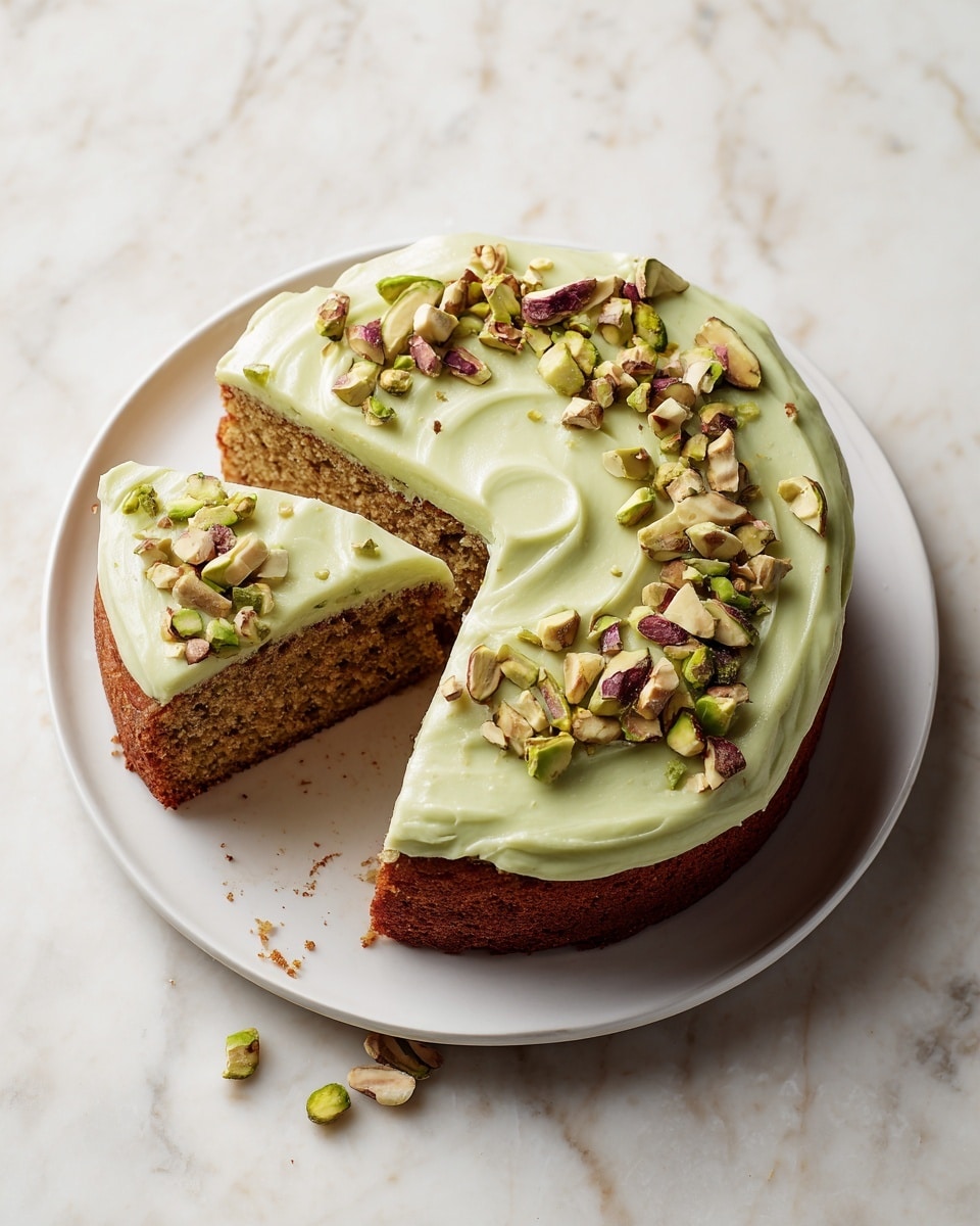 A single-layer round cake with light brown crumb sits on a white plate on a white marbled surface. The cake is covered with a smooth, thick light green frosting that drapes slightly over the edges. Scattered on top of the frosting are small chunks of mixed green, purple, and cream-colored nuts. One slice of the cake is cut and slightly pulled out, showing the moist texture of the cake inside. The photo taken with an iphone --ar 4:5 --v 7