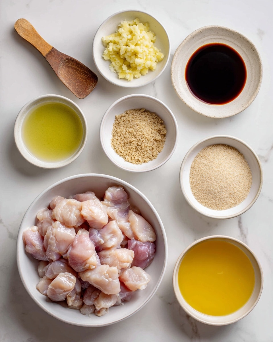 The image shows an arrangement of ingredients on a white marbled surface. At the bottom is a white bowl filled with raw chicken pieces in pale pink and light purple shades. Around it, from top left clockwise, are small white bowls containing minced ginger (light yellow), minced garlic (pale yellow), fresh lime juice (clear light green), vegetable oil (clear pale yellow), dark brown soy sauce in a bowl with a wooden handle, light brown sugar in a white bowl, beige rice vinegar in a white bowl, and golden yellow pineapple juice in a bowl with a wooden handle. The ingredients are neatly spaced, creating a clean and organized layout. Photo taken with an iphone --ar 4:5 --v 7