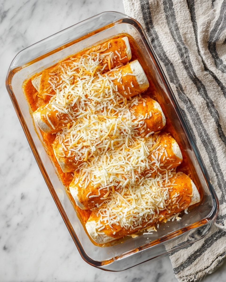 The image shows a clear glass baking dish filled with four rolled tortillas lined up side by side. The tortillas are topped with a bright orange sauce spread evenly, then generously covered with shredded cheese in two colors: pale white and light orange. The dish is set on a white marbled surface, and a striped cloth is blurred in the background. The cheese layer looks unevenly sprinkled, creating a textured top with strands going in different directions. Photo taken with an iphone --ar 4:5 --v 7