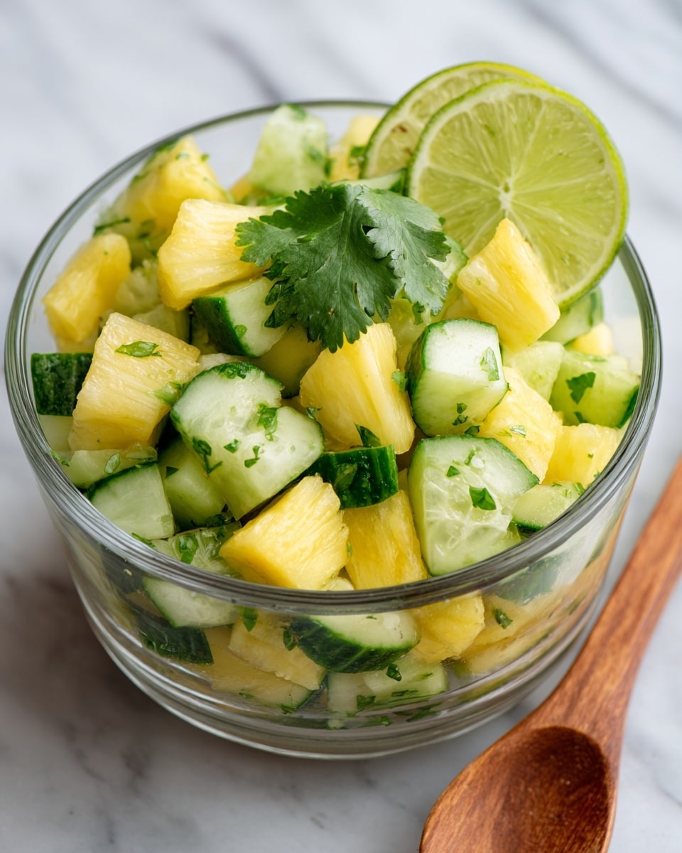 The image shows a white bowl filled with a colorful pineapple cucumber salad placed on a white marbled surface. The salad has three main layers: the bottom layer consists of bright yellow pineapple chunks, the middle layer has green cucumber pieces, and the top layer is decorated with fresh cilantro leaves and a few lime wedges. The pineapple chunks are thick and juicy, while the cucumber pieces are slightly smaller with a fresh texture. The overall look is vibrant with yellow, green, and fresh leafy tones. The background includes whole and halved limes slightly blurred, adding a fresh, natural touch. Photo taken with an iphone --ar 4:5 --v 7