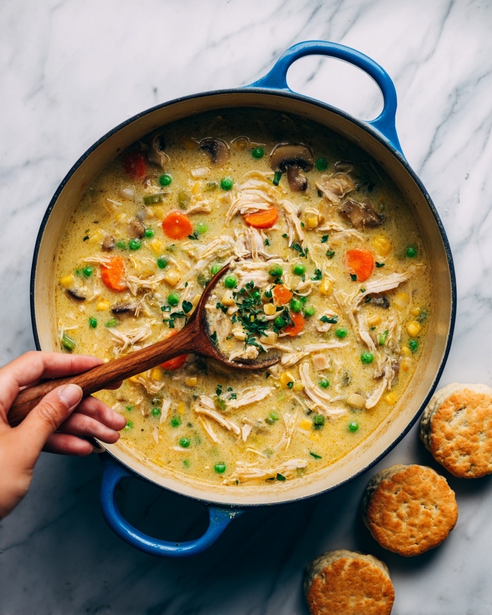 A blue pot filled with thick chicken and vegetable soup sits on a white marbled surface. The soup has a creamy light yellow base with visible chunks of shredded chicken, orange carrot slices, green peas, corn kernels, potato pieces, and small mushrooms. A wooden spoon is partially submerged in the soup, held by a woman's hand resting inside the pot on the left side. Next to the pot, there are three golden-brown biscuits placed on the white marbled surface. photo taken with an iphone --ar 4:5 --v 7