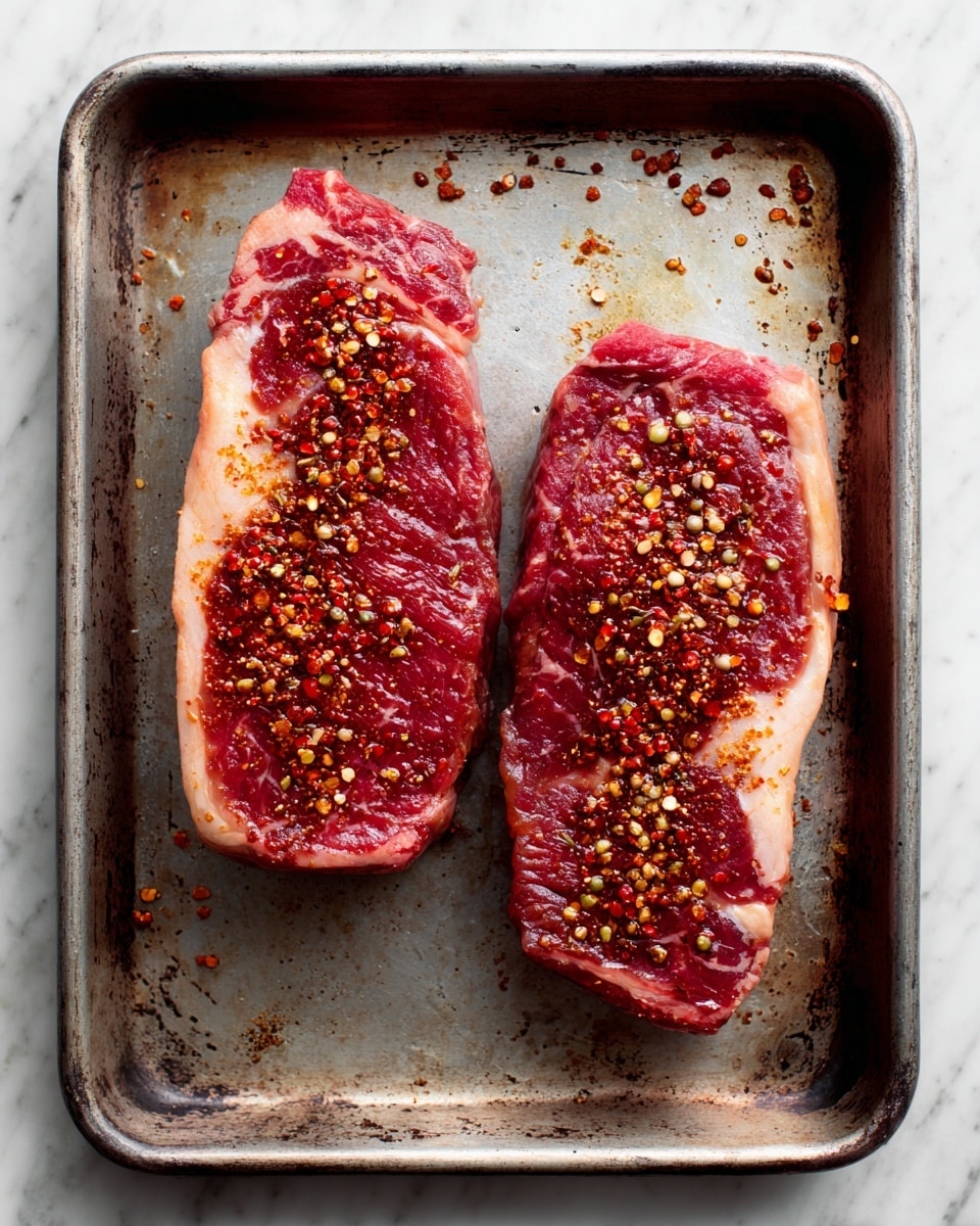 Two pieces of raw steak lie side by side on a metal baking tray. Each steak is thick and has a red color with marbled white fat edges. The top surfaces of both steaks are covered with a reddish-brown spice rub that includes visible crushed red pepper flakes and small granules, creating a rough texture. The tray has a worn look with some dark spots, and it rests on a white marbled surface. photo taken with an iphone --ar 4:5 --v 7