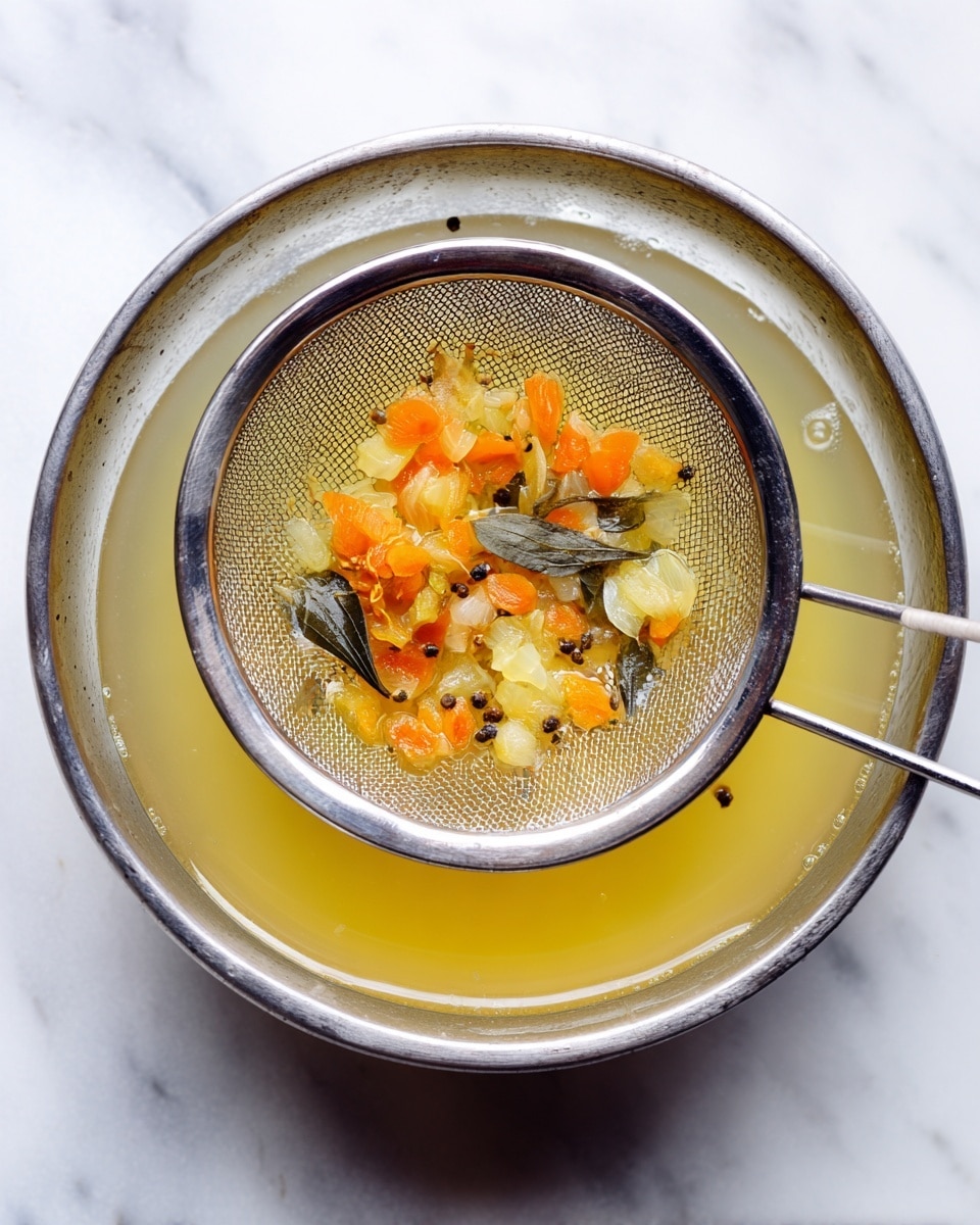 A clear round glass bowl filled with light yellow broth sits on a white marbled surface. Above it, a round metal mesh strainer contains several small pieces of cooked orange and pale yellow vegetables, some dark green leaves, and a few small black seeds or spices, which are being separated from the liquid below. The texture inside the strainer looks soft and wet, with the broth gently dripping through the fine metal mesh. Photo taken with an iphone --ar 4:5 --v 7