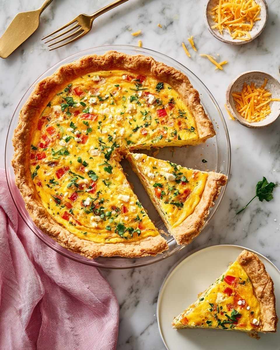 A round quiche with a golden brown, crimped crust sits on a white marbled surface. The filling is yellow and creamy, studded with small pieces of red bell pepper, green herbs, and green onion slices scattered evenly on top. White cheese crumbles are sprinkled lightly across the surface. The quiche is in a clear glass pan, with a pink cloth napkin to the left and a white bowl of shredded yellow cheese in the top right corner. A small bowl of salt and two crystal glasses of water rest above the quiche, with a metal spatula partially visible at the bottom right. photo taken with an iphone --ar 4:5 --v 7