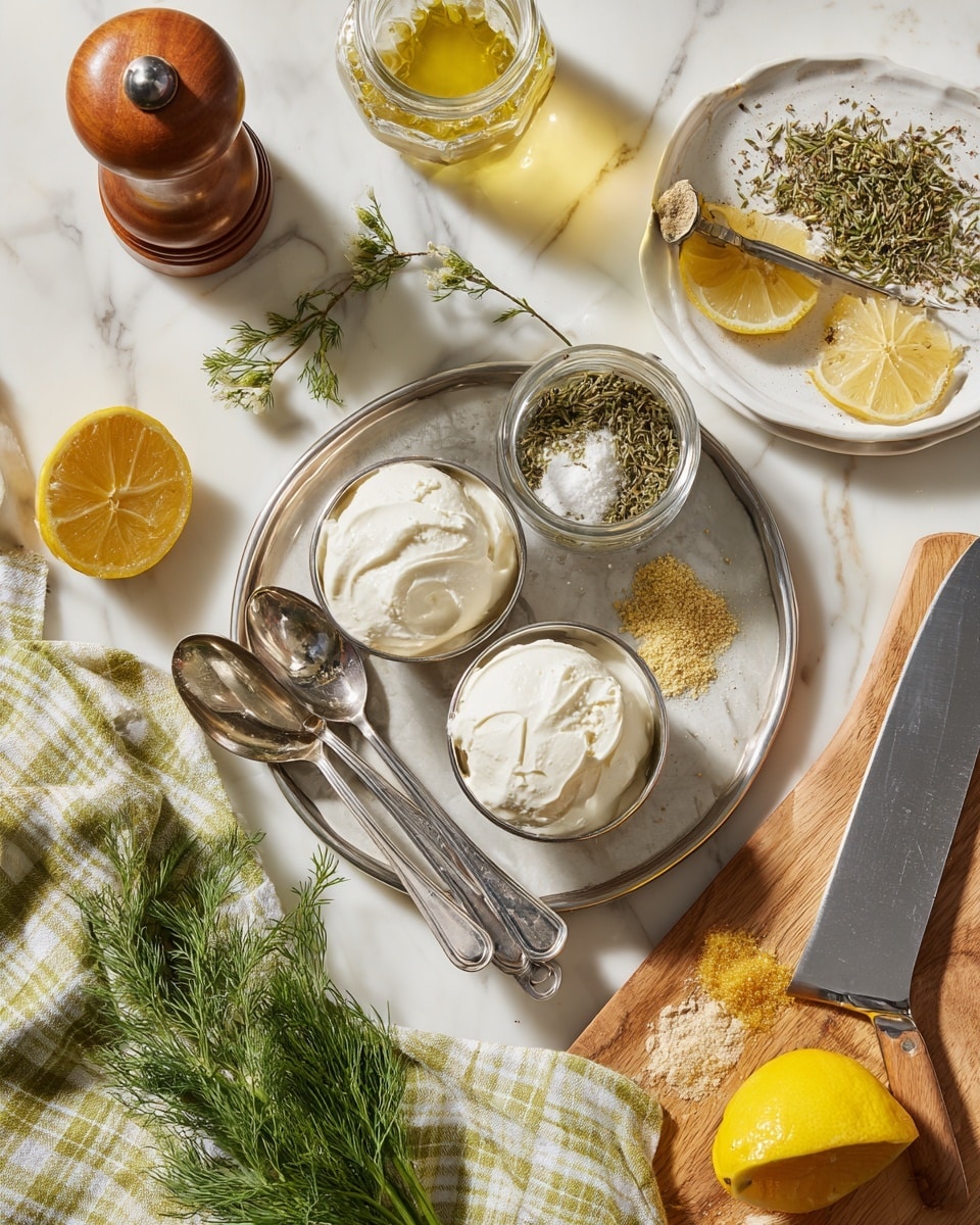A white metal tray holds two scoops of white creamy yogurt in stainless steel measuring cups, with a small glass jar of liquid and a halved bright yellow lemon placed beside them. To the upper right, a small white plate has metal measuring spoons with beige and green dried seasonings and loose spices spread on the plate. A small glass jar of dried green herbs is open near the plate along with a few fresh chive stalks arranged beside it. A wooden pepper grinder stands tall in the upper left corner. To the right, a yellow lemon half sits on a round white juicer. Below, a large sharp knife with a wooden handle is placed on a wooden surface next to fresh green dill sprigs and a green and white checkered cloth. The entire scene is set on a white marbled surface. Photo taken with an iphone --ar 4:5 --v 7