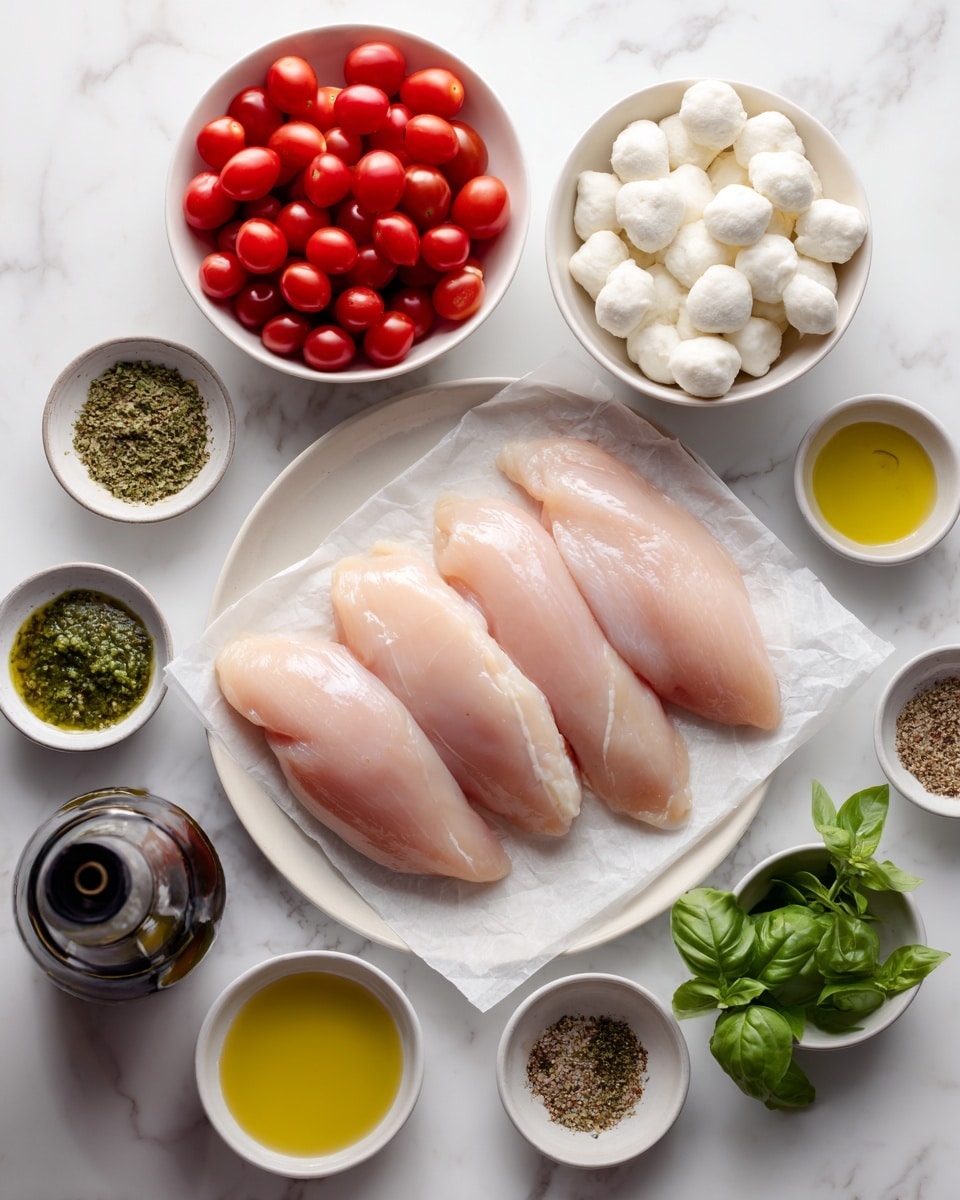 The image shows a white plate with six raw chicken breasts placed side by side on a sheet of white paper in the center on a white marbled surface. Above and to the left, there is a white bowl filled with bright red cherry tomatoes. Next to it on the right, a white bowl contains small white bocconcini balls. To the right of the bocconcini, a small white bowl has fresh green basil leaves. Around these main bowls, five smaller white bowls hold Italian seasoning (greenish-brown), black pepper, coarse salt, basil pesto (dark green), and olive oil (yellow). At the bottom left, there is also a dark bottle labeled balsamic glaze. The overall setting is clean, bright, and neatly arranged. photo taken with an iphone --ar 4:5 --v 7