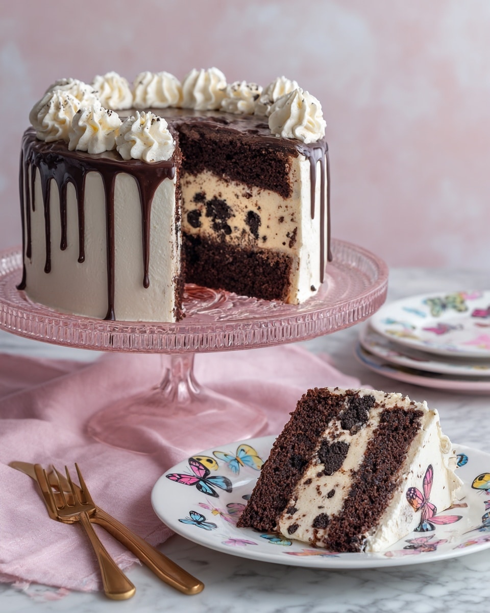The image shows a layered cake with two clear layers on a pink glass cake stand against a white marbled surface. The bottom layer is rich dark brown chocolate cake, dense and moist. The top layer is a light cream filled with dark cookie pieces, smooth and speckled with black chunks. The cake is covered in white frosting, with thick dark chocolate dripping from the top edge down the sides. A swirl of white frosting decorates the top edge of the cake. A slice is served on a white plate with colorful butterfly patterns, showing the two layers clearly, with the same white frosting decoration on the slice. A gold fork and knife sit beside the plate on a soft pink cloth. photo taken with an iphone --ar 4:5 --v 7