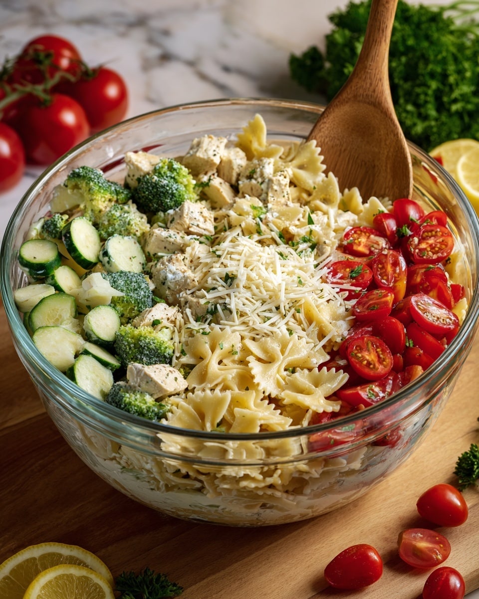 A clear glass bowl filled with a mixed pasta salad showing about five layers: the bottom layer is farfalle pasta in a creamy white dressing, mixed in with light golden cooked chicken pieces in the second layer. Bright green broccoli florets and fresh cucumber chunks are scattered evenly in the third layer. Halved red cherry tomatoes add pops of color in the fourth layer, and the top layer is sprinkled with shredded white parmesan cheese. A wooden spoon rests on the right side inside the bowl. The bowl is placed on a wooden surface with green parsley, cherry tomatoes, and slices of lemon nearby, all against a white marbled texture background. photo taken with an iphone --ar 4:5 --v 7