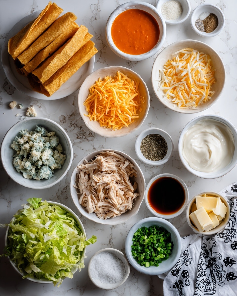 The image shows various small white bowls arranged on a white marbled surface, each filled with different ingredients. Starting from the top left are three folded golden brown fried tortillas, next to a bowl of bright orange buffalo sauce. Below are small piles of shredded cheddar cheese, crumbly blue cheese, and finely chopped garlic. Moving right, there is a bowl of white mayonnaise, a small bowl of salt, and a bowl of ground black pepper. Toward the center, there is a bowl with light shredded chicken, a small bowl of dark Worcestershire sauce, and a bowl of butter cubes. At the bottom left, a bowl with shredded green lettuce is placed next to small bowls of amber cider vinegar, bright green chopped chives, and creamy white buttermilk. A small pile of fresh chopped green cilantro is also visible near the top left. A white cloth with black patterns is on the right side of the surface. Photo taken with an iphone --ar 4:5 --v 7