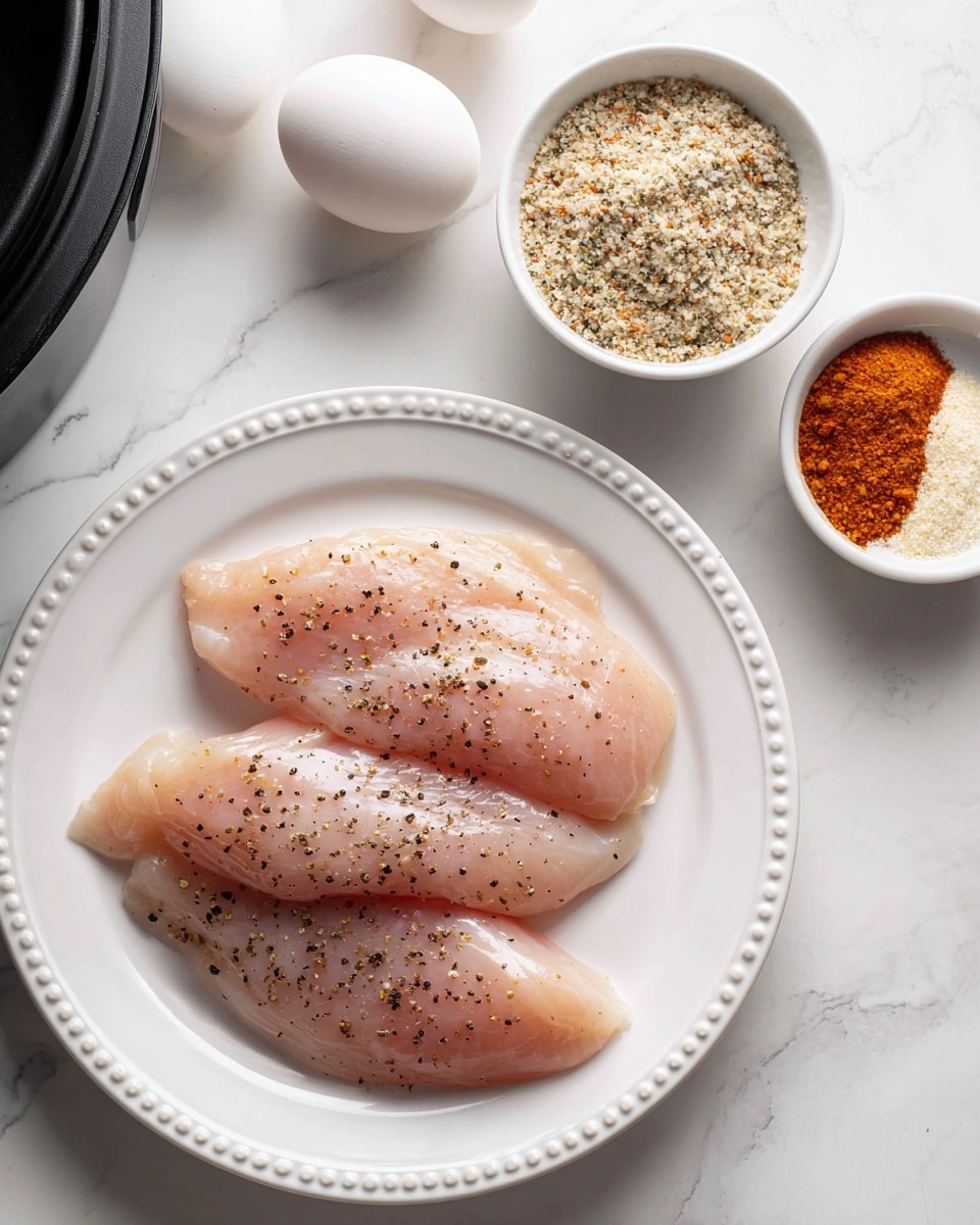 The image shows three thin, raw pieces of chicken fillet lightly sprinkled with black pepper on a white round plate with a beaded edge, placed on a white marbled surface. To the top right of the plate, there is a white bowl filled with a textured seasoning mix that looks dry and crumbly, and above that bowl, there is a smaller white bowl holding three different powdered spices in orange, beige, and white colors. To the left side near the top, two whole white eggs rest on the white marbled surface, and a black air fryer basket’s side is partially visible in the top left corner. Photo taken with an iphone --ar 4:5 --v 7