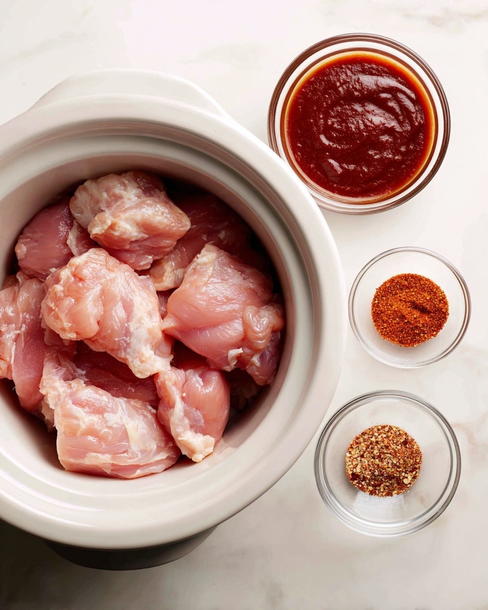 Inside a white slow cooker, there are several large pieces of raw pale pink chicken layered unevenly. To the right side of the slow cooker on a white marbled surface, there is a small clear glass bowl filled with thick, dark red barbecue sauce, and below it, another small glass bowl contains a mix of red and orange dry spices with a slightly coarse texture. The scene is bright and simple with a clean look. Photo taken with an iphone --ar 4:5 --v 7