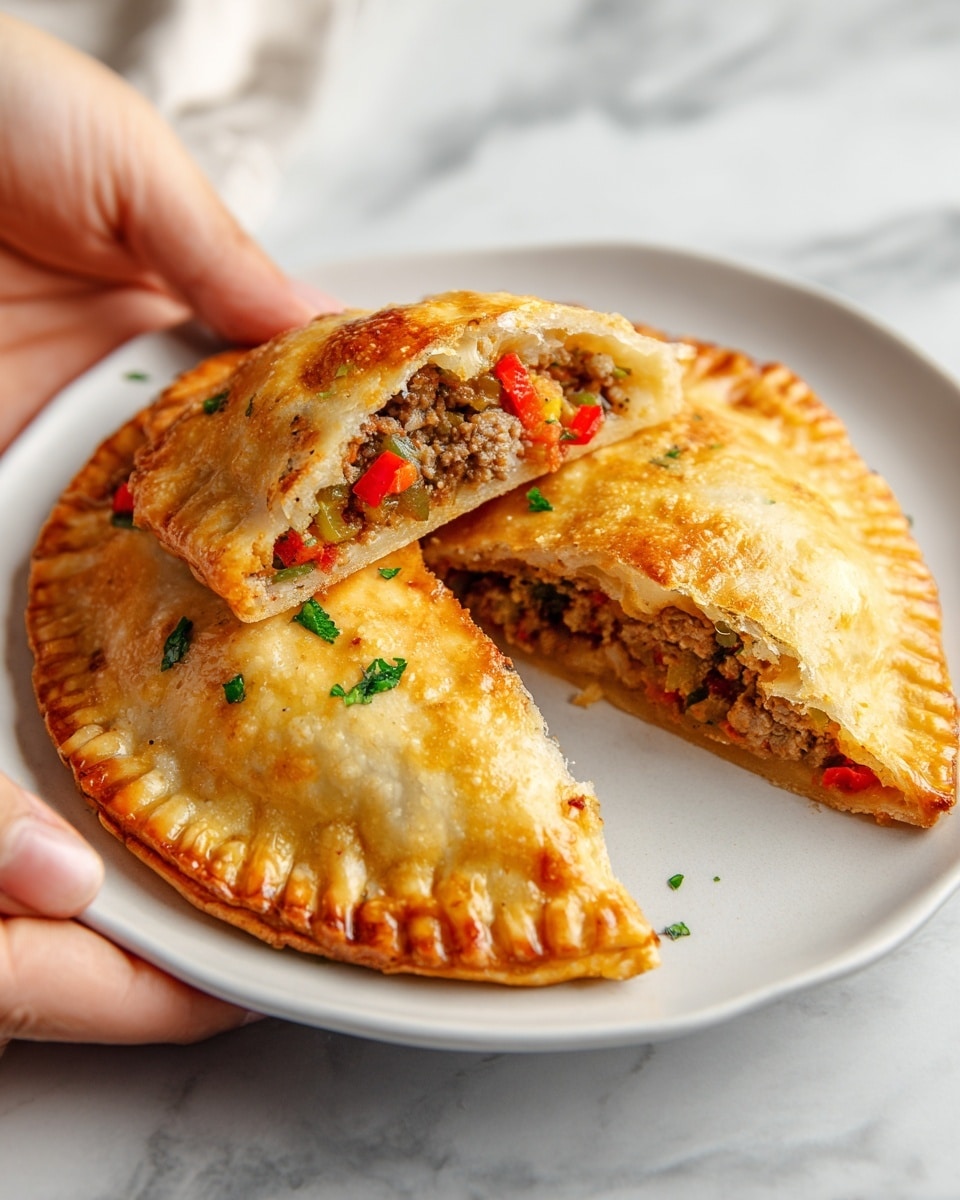 A white round plate holds a half-eaten savory pastry with a golden brown flaky crust, folded over a filling of crumbled cooked meat mixed with finely chopped red and green bell peppers, showing a textured and slightly moist inside. The plate is held by both sides with a woman's hand on each side, set against a white marbled surface in soft lighting. photo taken with an iphone --ar 4:5 --v 7