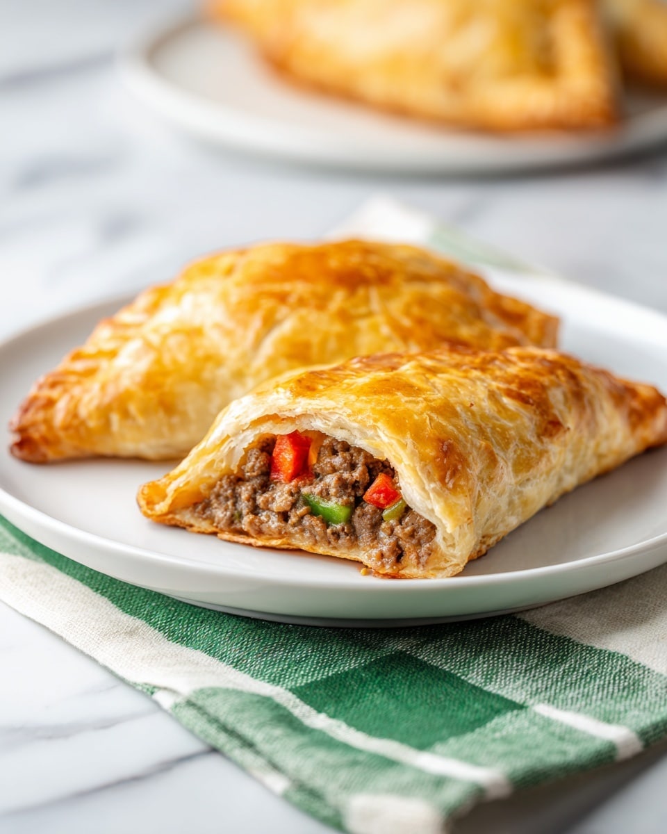 The image shows a single meat-filled pastry placed on a white plate. The pastry has a golden-brown, flaky crust with a slightly shiny, baked texture. One end of the pastry is open, revealing the filling inside, which consists of browned ground meat mixed with small pieces of red and green bell peppers. The white plate rests on a green and white striped cloth, all set against a white marbled surface. The focus is on the front part of the pastry with a soft blur in the background. photo taken with an iphone --ar 4:5 --v 7