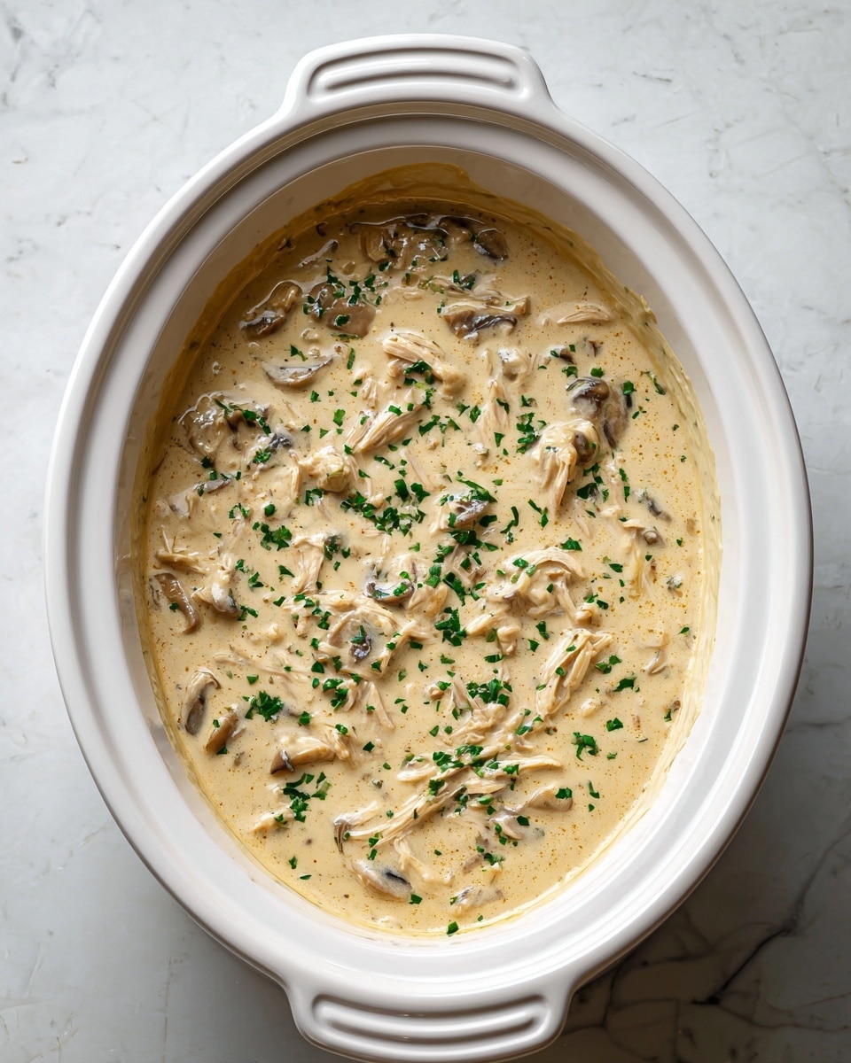 The image shows a white oval slow cooker filled with a creamy beige sauce mixed with small shredded pieces of a light brown ingredient, likely meat or mushrooms. The sauce has a smooth, slightly thick texture and is garnished with small green herb bits scattered on top, adding a fresh contrast. The slow cooker sits on a white marbled surface, and the photo is taken from directly above, focusing on the sauce inside the cooker. photo taken with an iphone --ar 4:5 --v 7