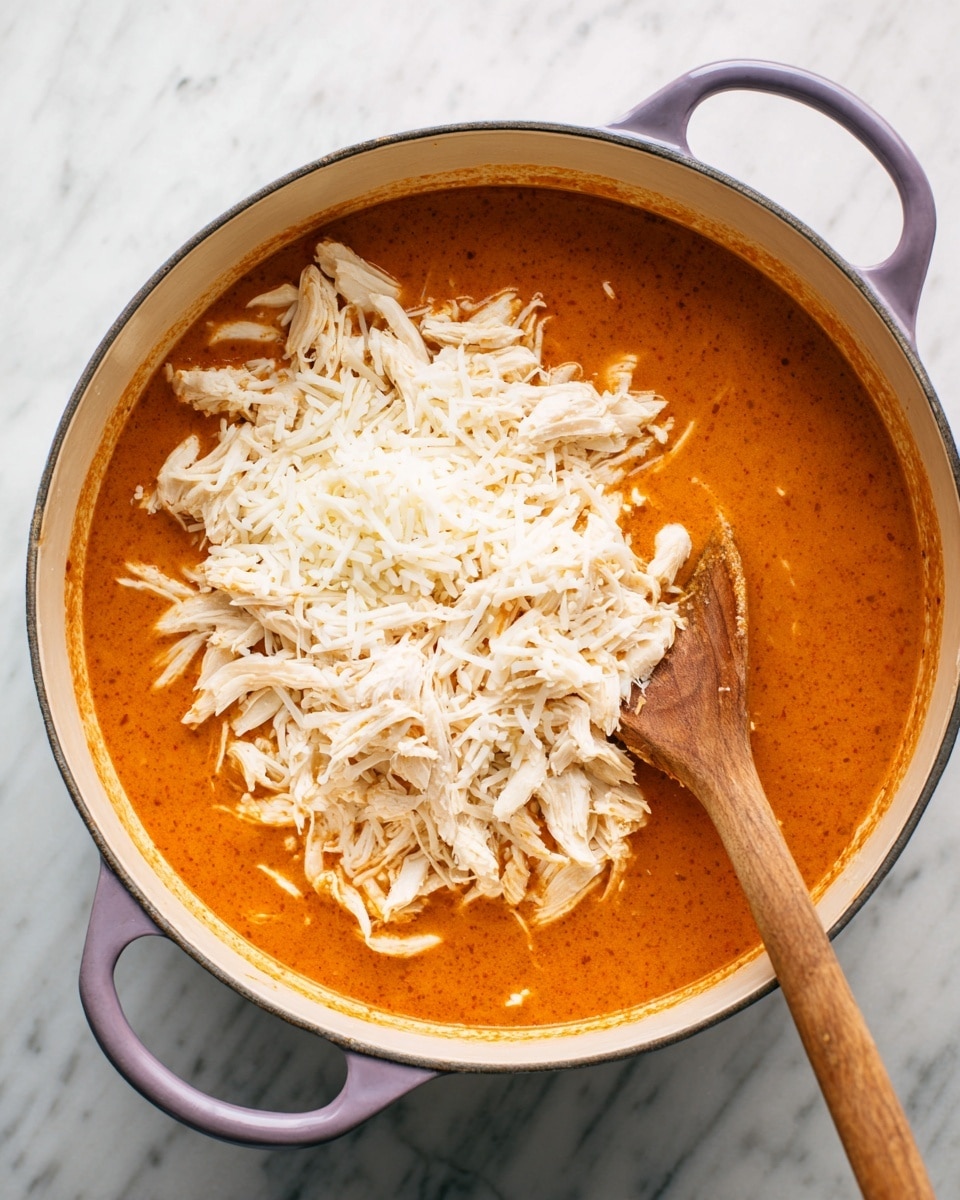 A pot with a light purple handle holds a dish with two main layers: the bottom layer is a smooth, thick orange sauce that covers the entire base, and on top there is a generous pile of shredded white chicken pieces spread unevenly in the center. A wooden spoon leans inside the pot, resting against the side with some sauce on it. The background is a white marbled surface. photo taken with an iphone --ar 4:5 --v 7