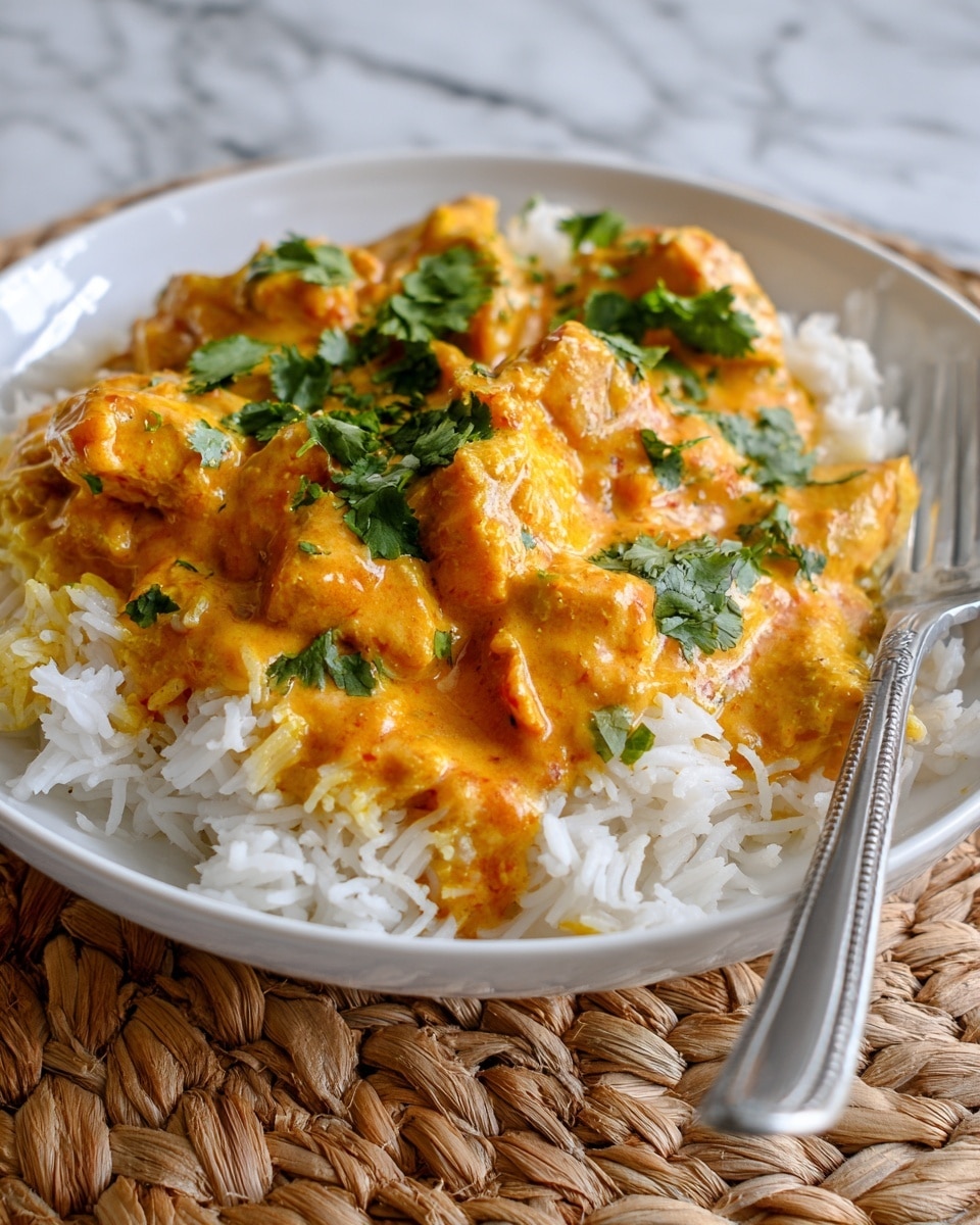 The dish is presented on a white round plate, featuring a base layer of fluffy white rice with a soft texture. On top, there is a thick layer of creamy orange sauce with chunks of tender food mixed inside. Bright green cilantro leaves are sprinkled on top, adding fresh color and texture. A silver fork rests on the right side of the plate. The plate is placed on a woven mat, set against a white marbled textured surface. Photo taken with an iphone --ar 4:5 --v 7