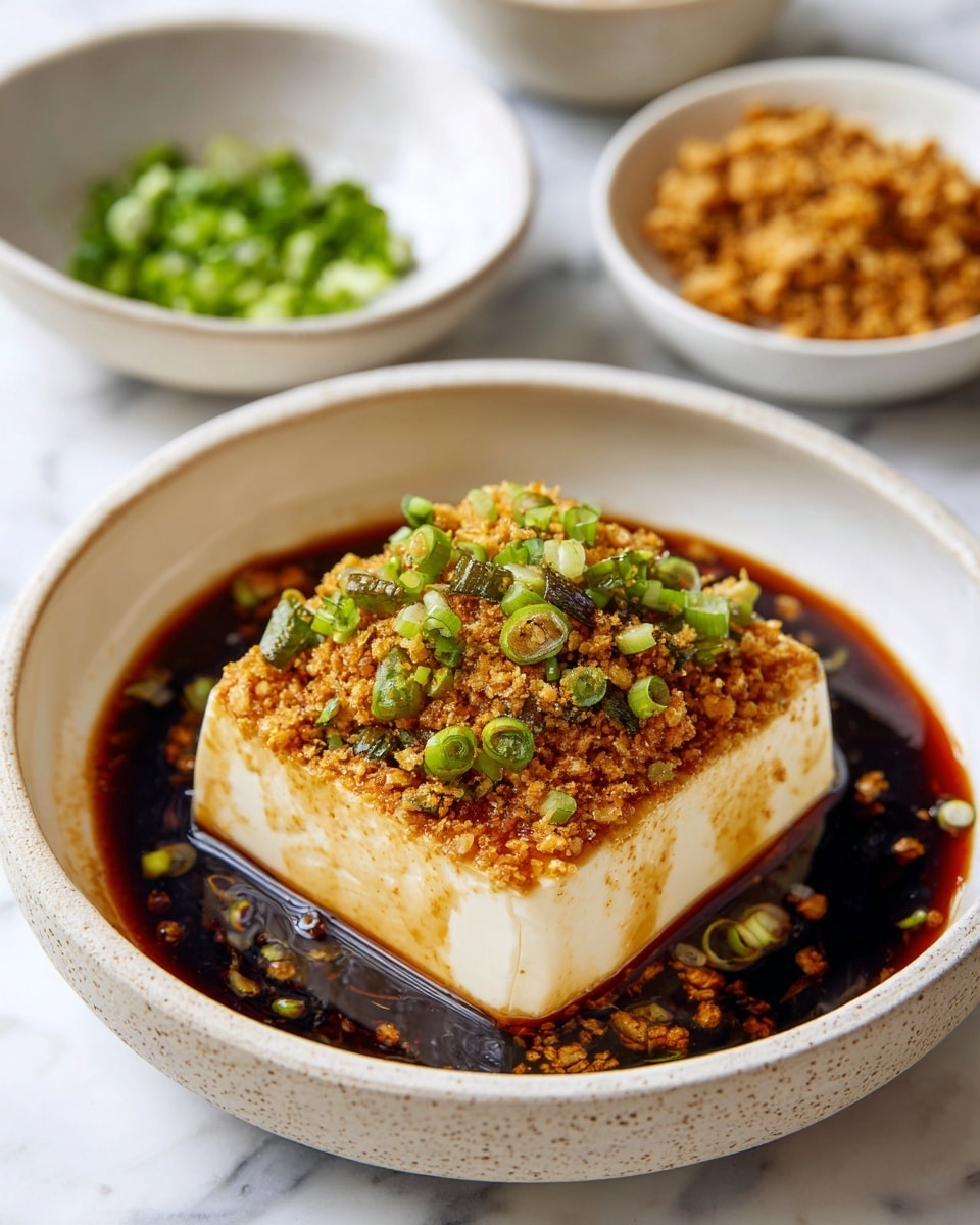 A large block of soft, smooth, pale tofu sits in the middle of a round white bowl with beige speckles, soaked in a shallow pool of dark brown soy-based sauce. The tofu block is topped with a crunchy golden-brown mixture that looks fried, sprinkled evenly with bright green, thinly sliced scallions for a fresh touch. In the soft background, two more bowls are slightly out of focus—one holding more of the crunchy topping and the other filled with chopped scallions. The bowl rests on a white marbled surface, adding a clean and simple contrast to the dish. Photo taken with an iphone --ar 4:5 --v 7