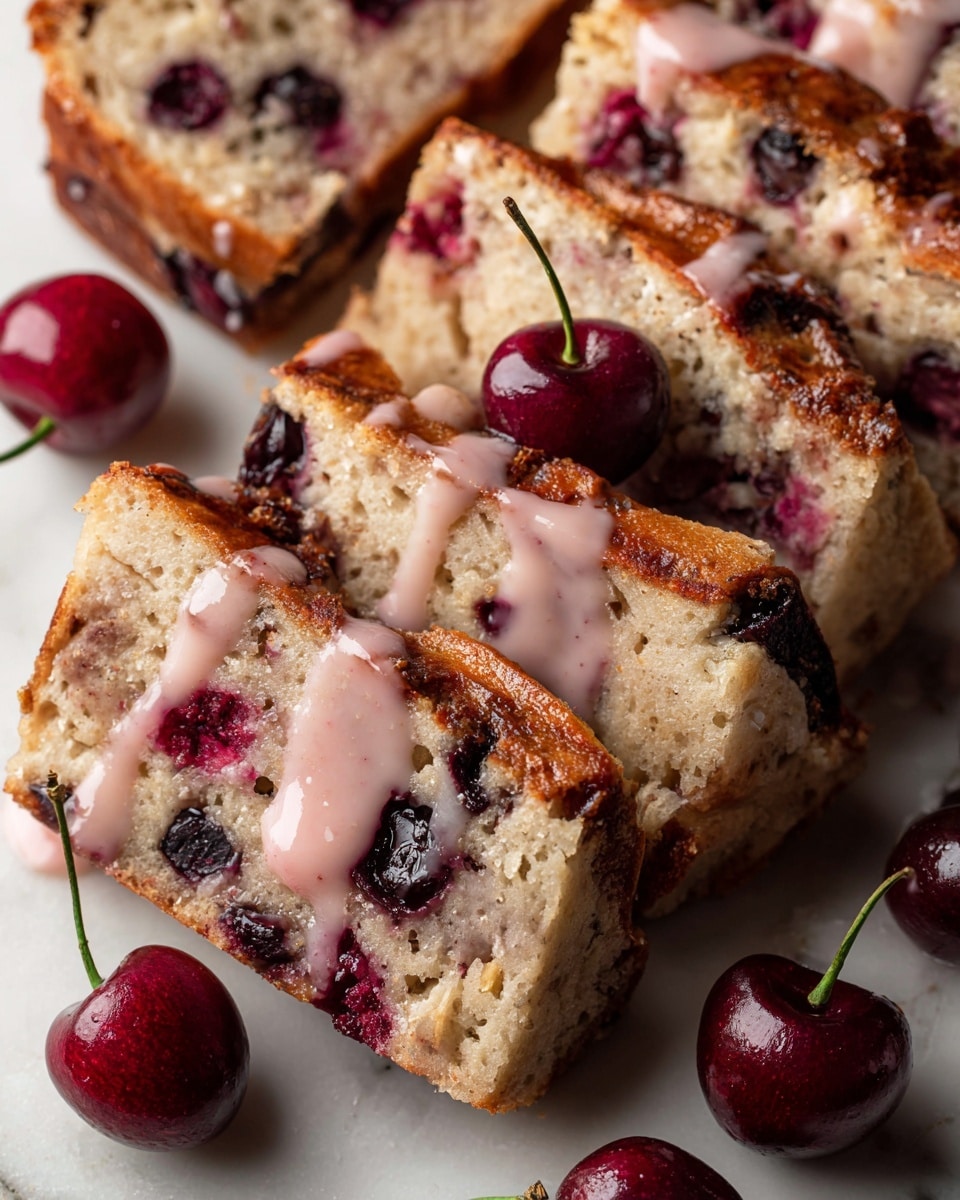 A square-shaped pastry on a wooden board with a white marbled background, filled with dark cherries spread evenly throughout. The pastry has a golden-brown crust that looks soft and slightly puffy with textured folds and layers visible on the top. Over the top, a smooth pink glaze is drizzled thickly and unevenly, some glaze dripping down the sides. To the side, there is a bowl filled with whole dark red cherries with green stems, adding a fresh and rich contrast. A silver knife is placed above the board on the white marbled surface. photo taken with an iphone --ar 4:5 --v 7