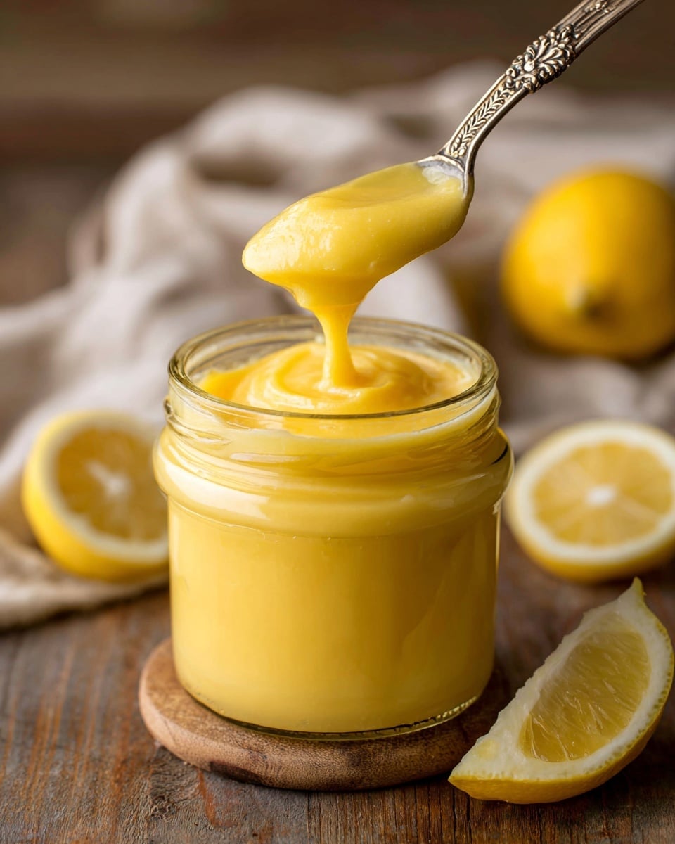 A glass jar filled with thick, smooth, bright yellow lemon curd is placed on a wooden surface. A spoon with an ornate handle is pulling up a dollop of the lemon curd, showing its creamy and slightly shiny texture as it drips back into the jar. Behind the jar, there are two fresh lemon wedges with a soft yellow color, and a light beige cloth is slightly out of focus in the background. The overall color palette is warm and inviting, with the yellow curd as the main focus. photo taken with an iphone --ar 4:5 --v 7
