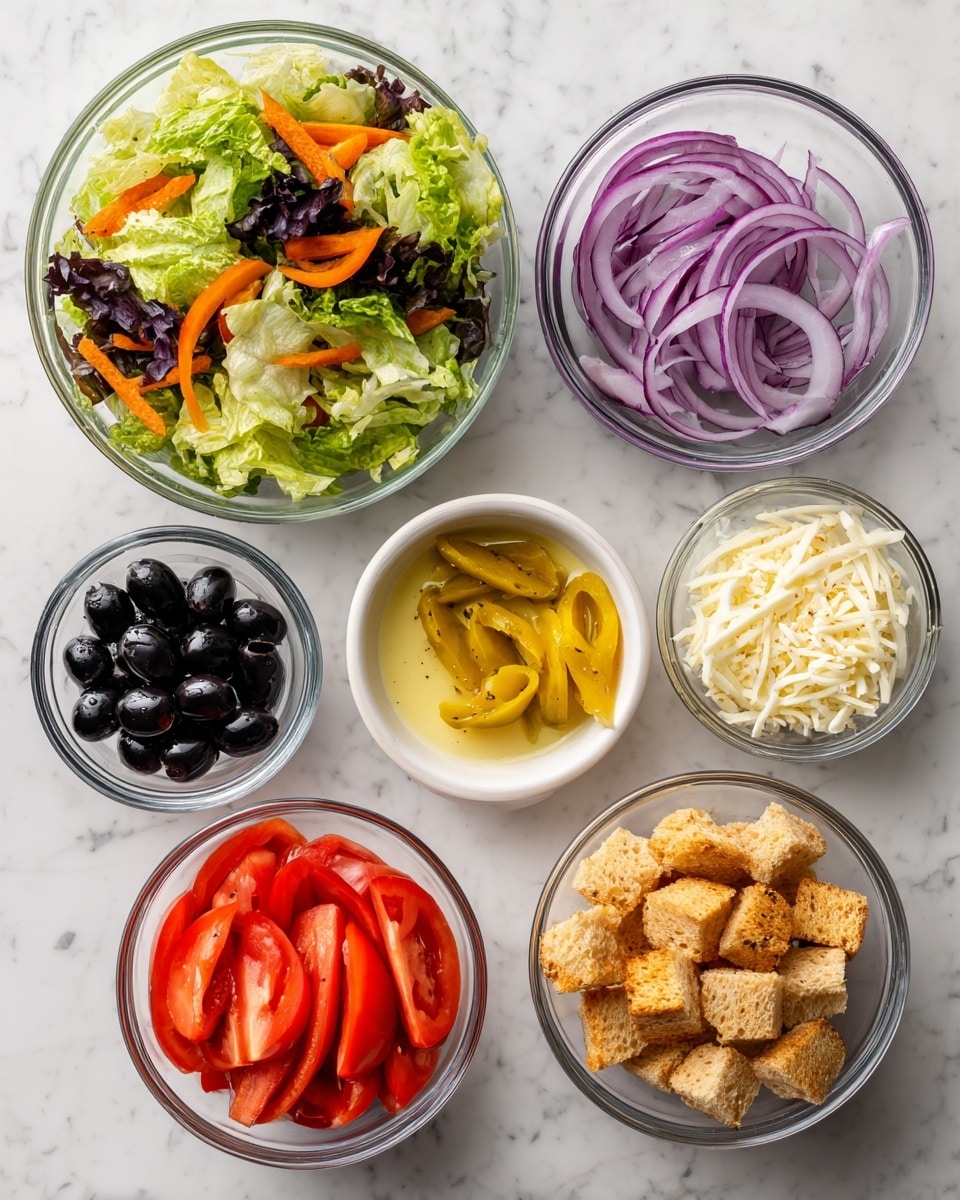 The image shows eight clear glass bowls arranged on a white marbled surface, each containing a different salad ingredient. The largest bowl at the top left holds a colorful salad mix with pieces of light green and purple lettuce with some thin orange carrot strips. To its right is a smaller bowl with thin, curved slices of bright purple-red onion. Below the onion bowl is a pale yellow creamy dressing with small dark specks. In the center is a bowl of bright red Roma tomato slices, neatly overlapped. At the bottom right sits a bowl filled with light brown croutons that have a rough texture. To the left of the croutons is a bowl of shredded white parmesan cheese. Next to the parmesan are yellow pepperoncini peppers, whole with smooth textures. On the bottom left is a bowl of shiny black olives. All bowls are arranged closely but not touching. The photo is taken with an iphone --ar 4:5 --v 7