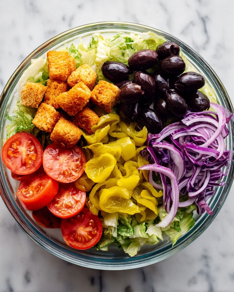 A clear glass bowl contains a fresh salad arranged in separate sections, all sitting on a white marbled surface. The bottom layer is shredded green lettuce with bits of purple cabbage, creating a leafy base. On the right, there are smooth, black olives placed in a small pile. Next to them, thin slices of red onion with a slightly translucent texture are layered. Above the onions, there is a group of bright yellow pepperoncini peppers. To the left, golden brown crispy croutons form a rough textured heap. Finally, three slices of ripe red tomato with visible seeds and a juicy surface are placed at the front left side. photo taken with an iphone --ar 4:5 --v 7
