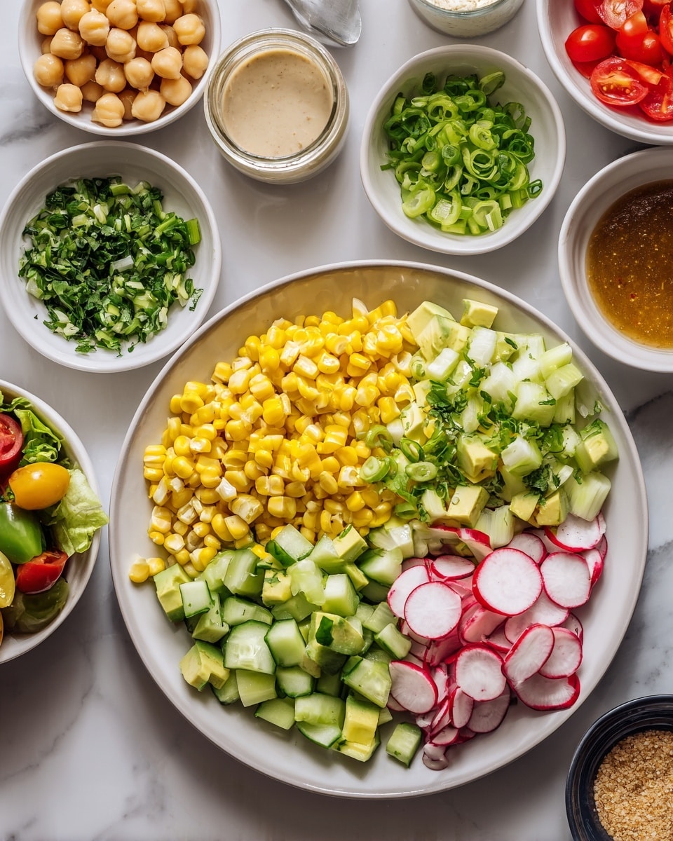 A top view of a white plate divided into three sections with bright yellow corn kernels on the left, light green chopped cucumber pieces on the top right, and white and red chopped radish pieces at the bottom right. Surrounding the main plate are smaller white bowls filled with ingredients: chopped green onions, chopped green herbs, chickpeas, halved cherry tomatoes with green bell pepper pieces, and diced avocado. There are also small white bowls with different salad dressings and a small dark bowl with grainy mustard, all arranged on a white marbled surface photo taken with an iphone --ar 4:5 --v 7