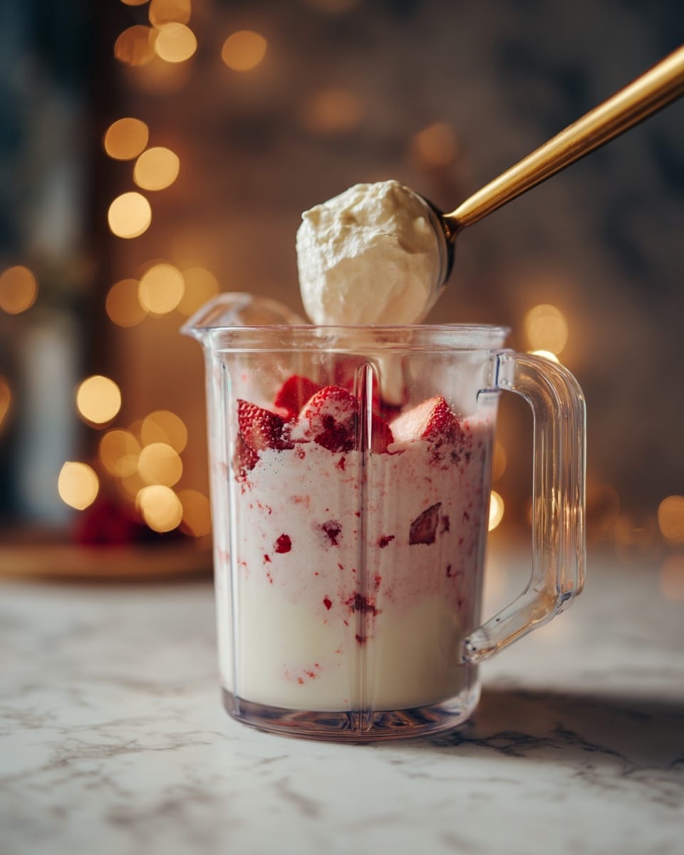 A clear blender jar is filled almost halfway with white milk, mixed with small bright red strawberry pieces scattered inside. Above the jar, a golden scoop with a wooden handle holds a scoop of thick off-white yogurt, about to be added into the blender. The scene is set on a white marbled background with warm blurred lights in the back creating a soft, cozy atmosphere. Photo taken with an iphone --ar 4:5 --v 7