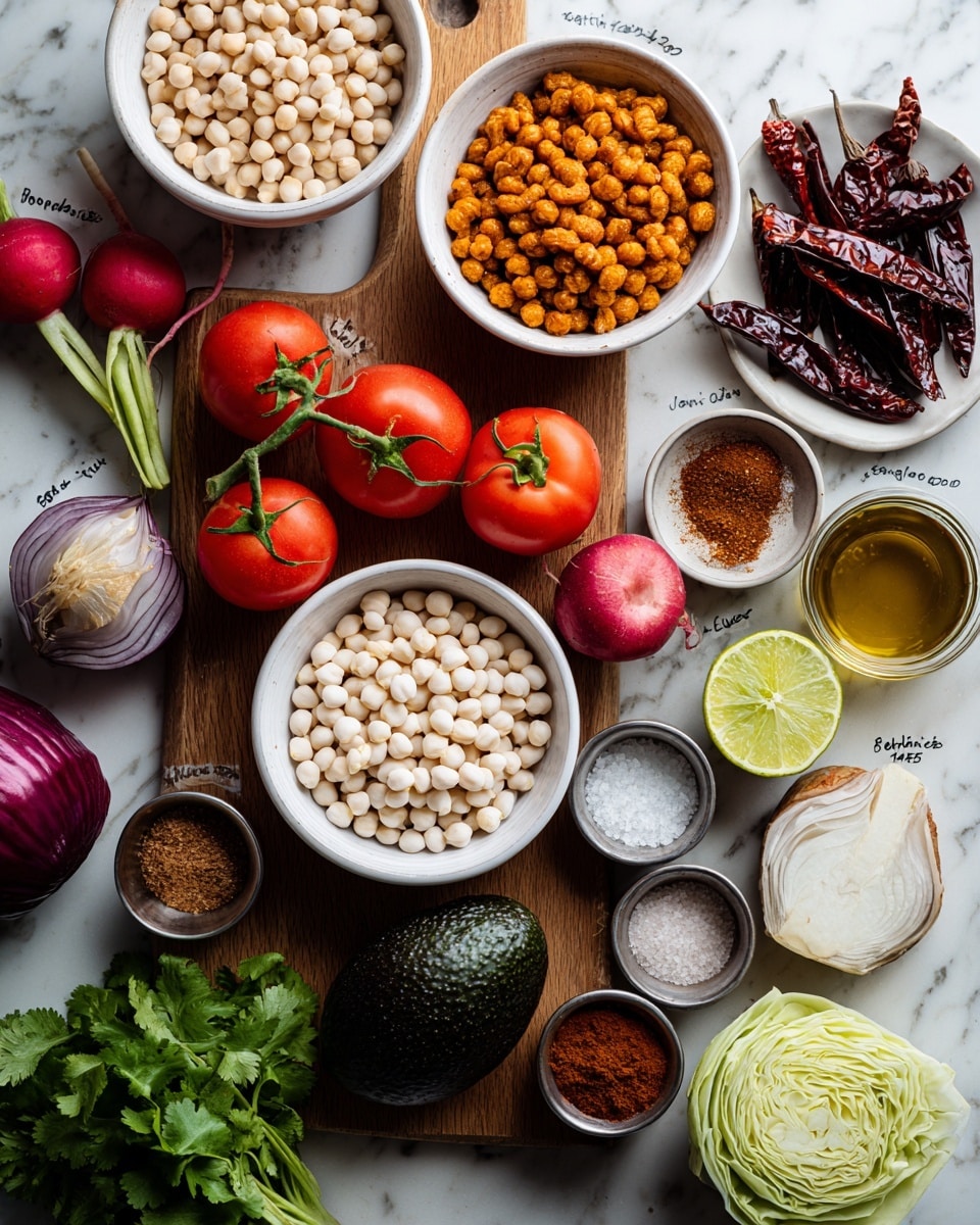 A top view of fresh ingredients arranged on a wooden board over a white marbled surface, featuring a white bowl filled with large white hominy kernels in the center, surrounded by another white bowl of light tan white beans at the top left, and a white bowl with orange-brown soy curls at the top right. Around these are colorful fresh vegetables including bright red tomatoes with green stems, a whole white onion, an avocado with dark green bumpy skin, leafy cilantro sprigs, white garlic bulbs, and small red radishes with green tops. Nearby are various dried chiles in deep red and dark brown shades, along with small metal bowls holding coarse salt, a brown spice, olive oil, and dark red chipotles in adobo sauce. A half lime with bright green skin and a section of pale green cabbage add more natural colors to the mix. Text labels identify each ingredient clearly. photo taken with an iphone --ar 4:5 --v 7