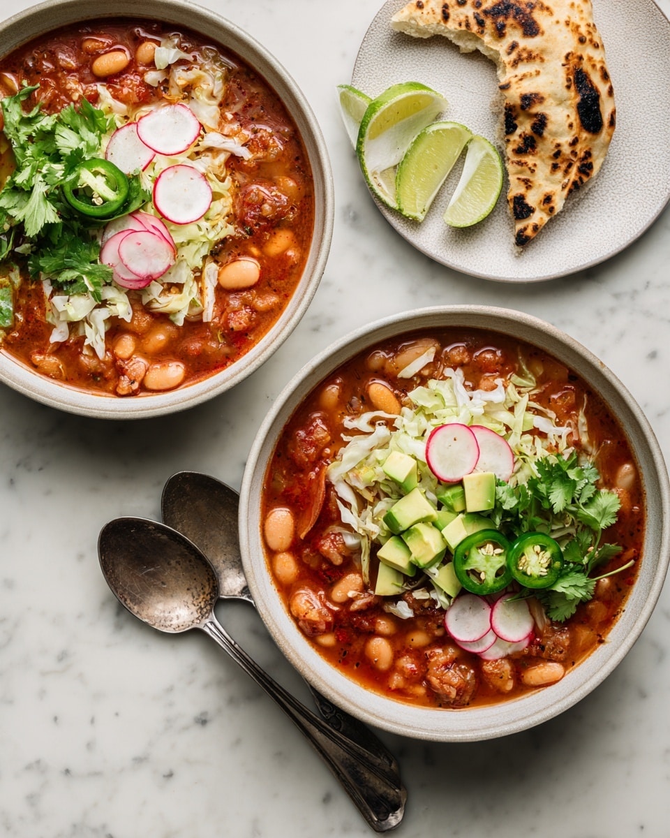 Two bowls of thick red soup filled with white beans and small pieces of meat sit on a white marbled surface. Both bowls are filled with soup layered with shredded white cabbage, slices of green jalapeño peppers, small round slices of radish, and fresh green cilantro leaves. One bowl also has thin slices of lime and diced avocado pieces on top. Nearby, there is a white plate holding a charred tortilla with a torn piece, and a vintage silver spoon rests beside the bowls. Photo taken with an iphone --ar 4:5 --v 7