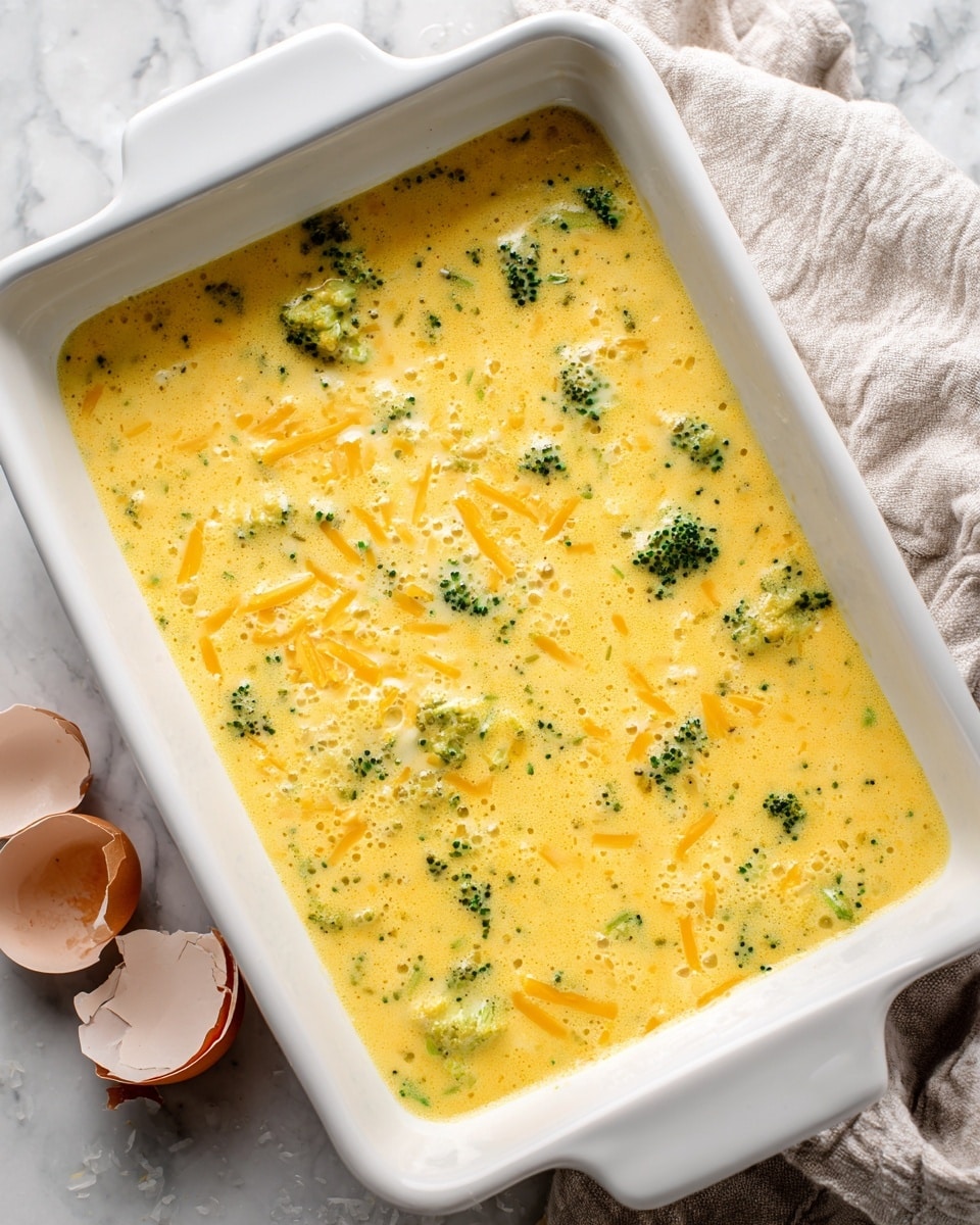 The image shows a white rectangular baking dish filled with a yellow liquid mixture that has small green broccoli pieces and light orange shredded cheese scattered throughout. The liquid looks smooth with some small bubbles on the surface. The dish is placed on a white marbled surface, and in the bottom left corner, there are broken eggshells resting on the same surface. photo taken with an iphone --ar 4:5 --v 7