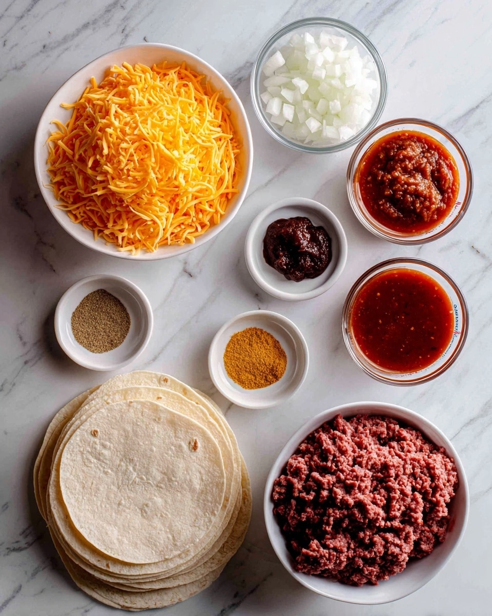 A top view of several bowls and a stack of tortillas arranged on a white marbled surface; from top to bottom, there is a large white bowl filled with fine shredded orange cheese, a small white bowl with diced white onions, a small white dish holding a dollop of thick dark red paste, and beside it, another small white dish with a heap of brownish-yellow powder. Below these, two clear glass measuring cups contain liquids—one with a rich red sauce and the other with a chunkier tomato mix. To the right, a medium white bowl is filled with raw ground red meat, and at the bottom left are neatly stacked, pale corn tortillas. Photo taken with an iphone --ar 4:5 --v 7