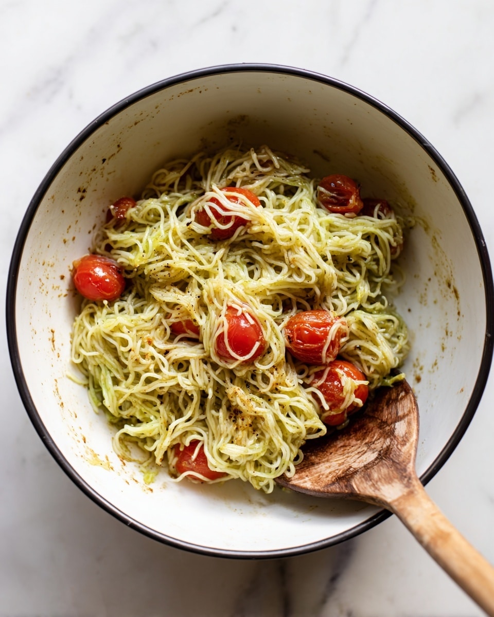 Inside a white bowl with a black rim, light green and pale yellow thin noodle-like strands are mixed with a few small, bright red cherry tomato halves scattered around. Some strands have a light brown sauce or seasoning coating, with a slightly oily texture. A wooden mixing tool is partially visible, resting on the noodles in the bottom right part of the bowl. The bowl sits on a white marbled surface. photo taken with an iphone --ar 4:5 --v 7