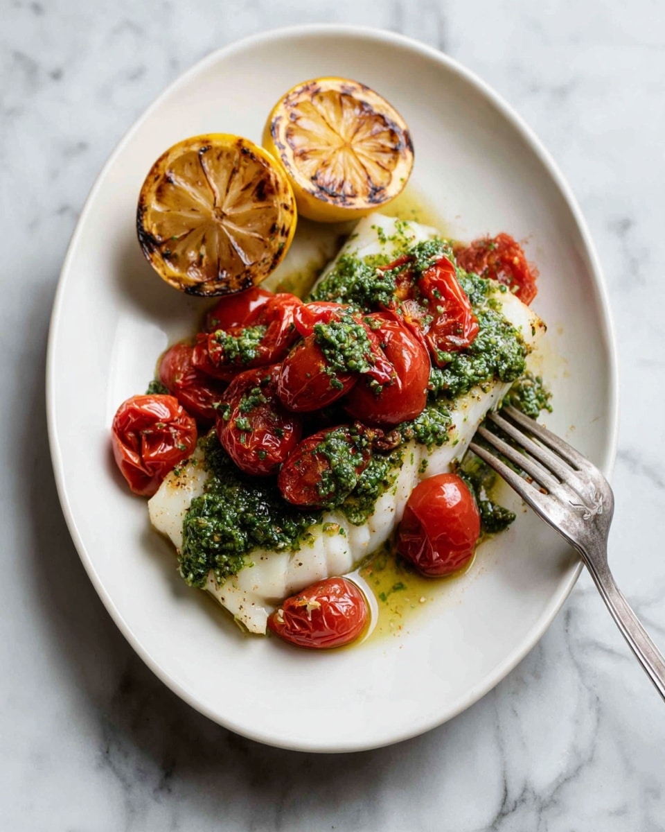 A white oval plate holds a piece of cooked white fish with a slightly browned surface, topped with a thick green sauce spread unevenly across the fish. Bright red cherry tomatoes, some whole and some cut in half, are placed on top and to one side of the fish. A silver fork is digging into the fish on the right side. The plate is set on a white marbled surface. To the left of the plate are two round lemon halves with visible grill marks, showing a charred and textured look on their surface. photo taken with an iphone --ar 4:5 --v 7