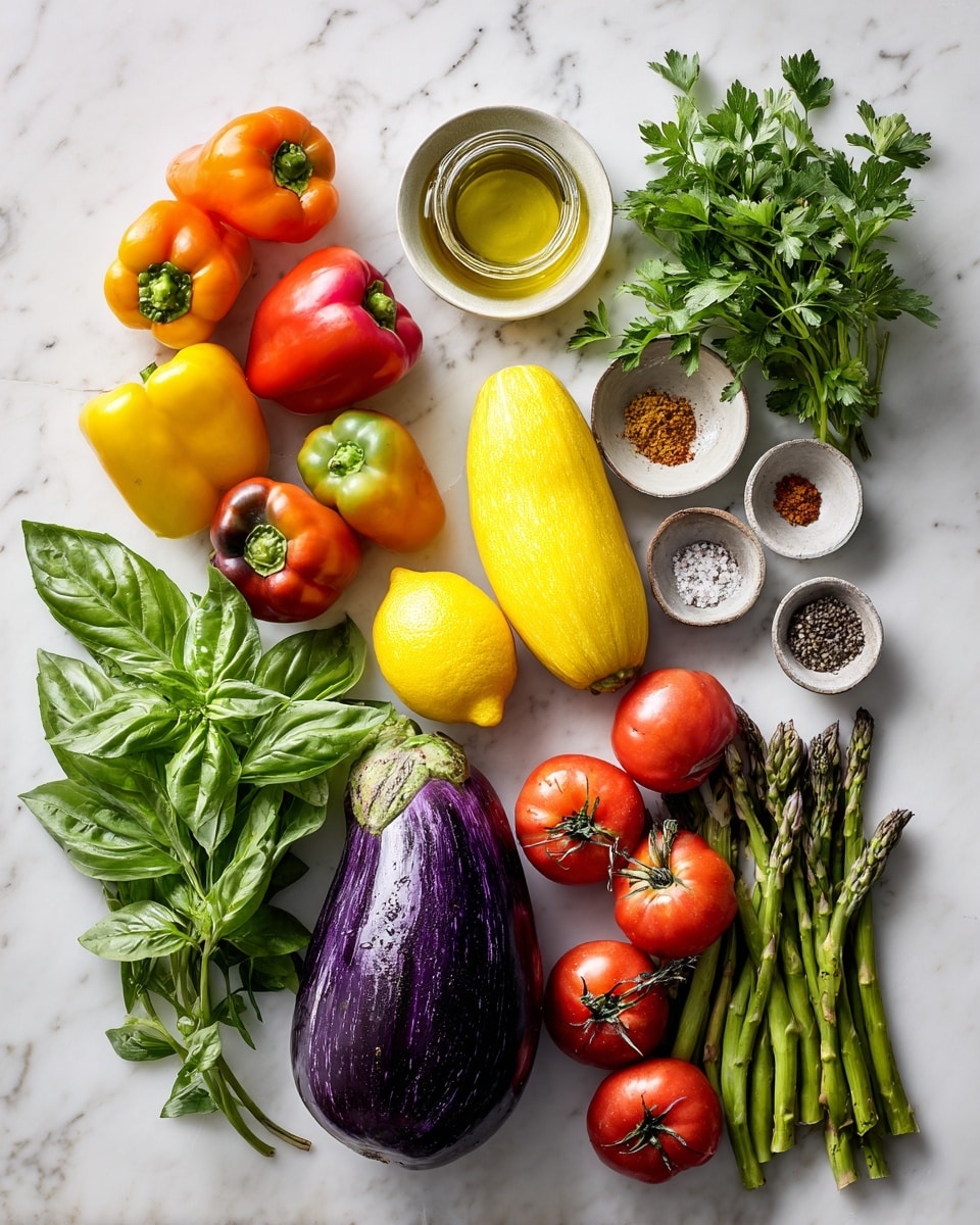 Several fresh vegetables and herbs are neatly arranged on a white marbled surface. On the left side, there are five small colorful mini bell peppers in shades of orange, red, and yellow above a bunch of fresh green basil leaves. To their right, three bright yellow squash lay side by side, and near them is a whole dark purple eggplant. To the right of the eggplant, five round red tomatoes are evenly spaced with a bunch of green asparagus standing upright beside them. Fresh parsley leaves are placed in the upper right corner. Small white ceramic bowls hold different spices, and there is a clear glass bottle filled with olive oil in the upper center. A whole lemon is positioned between the squash and the spices. Photo taken with an iphone --ar 4:5 --v 7
