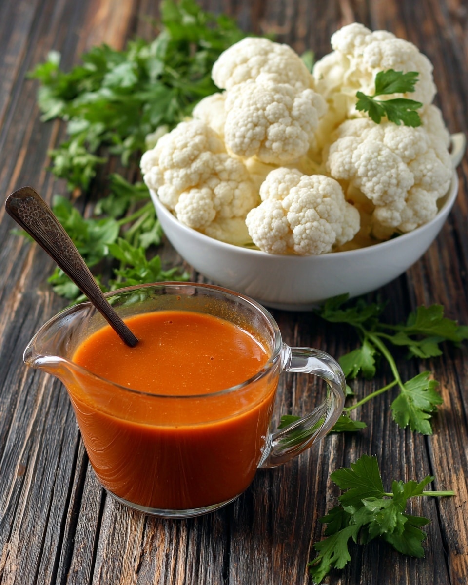 A clear glass measuring cup filled with bright orange hot sauce that fills the bottom half, showing a smooth and shiny texture, with a dark metal spoon resting inside. Next to it is a white bowl filled with several large cauliflower florets that are off-white and have a soft, bumpy texture. Fresh green parsley sprigs are scattered around the wooden surface, adding a touch of vibrant green color. The setting is on a dark wooden table with visible grain and texture. Photo taken with an iphone --ar 4:5 --v 7