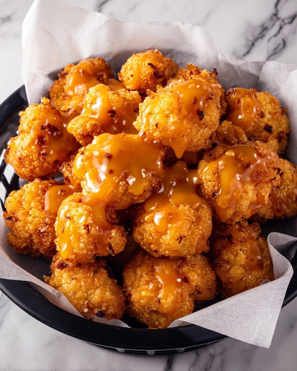 The image shows a black basket filled with golden brown fried cauliflower pieces, each covered with a shiny layer of bright orange sauce. The cauliflower pieces have a rough, crispy texture, and the sauce adds a smooth, glossy finish with small fluid drips visible. The basket's edges frame the cauliflower closely, and the background is replaced with a white marbled texture. photo taken with an iphone --ar 4:5 --v 7