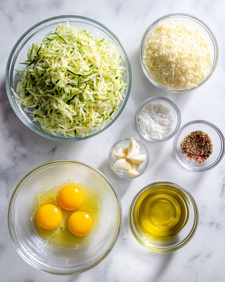 The image shows six clear glass bowls arranged on a white marbled surface. The largest bowl at the bottom left is filled with green and pale yellow grated zucchini, shredded into thin strips with a moist texture. Above it, slightly to the right, is a large bowl of fine, pale yellow grated parmesan cheese with a powdery texture. To the right center is a bowl with two raw eggs in clear yellow yolks and translucent whites. Below it is a bowl of golden olive oil with a smooth, shiny surface. Above these bowls to the right are three smaller bowls: one holds a mix of tiny flecks in red, green, and yellow of Italian seasoning, another contains small white garlic pieces with a rough texture, and the last one contains coarse white sea salt crystals. All bowls are placed on a clean white marbled background. Photo taken with an iphone --ar 4:5 --v 7