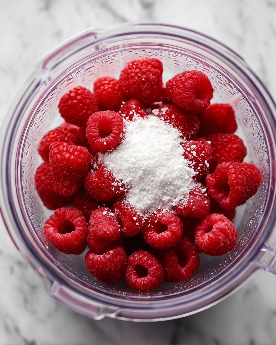 A clear blender container filled with bright red raspberries forming the base layer, topped with a small heap of white powdered substance in the center, creating a striking contrast with the vivid berries beneath. The clear plastic walls of the blender show droplets of moisture, indicating freshness, with the whole setup placed against a white marbled surface. photo taken with an iphone --ar 4:5 --v 7