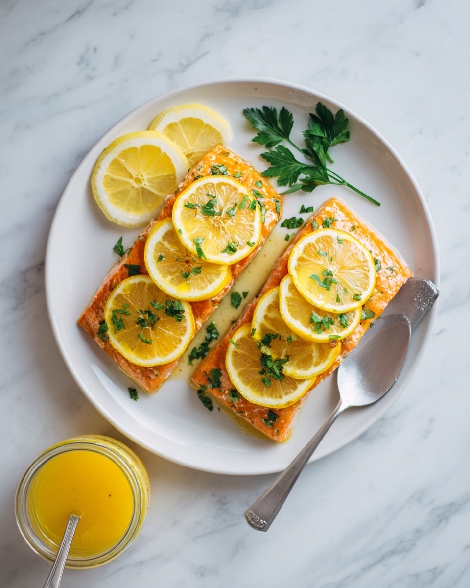 Two square pieces of cooked salmon with a golden-brown surface are laid on a white plate. Each piece is topped with five thin, bright yellow lemon slices arranged in rows, and sprinkled with small green parsley leaves. A sprig of parsley decorates the top left corner of the plate. The plate sits on a white marbled surface, and a glass jar filled with yellow sauce and a spoon is seen slightly below the plate. Photo taken with an iphone --ar 4:5 --v 7