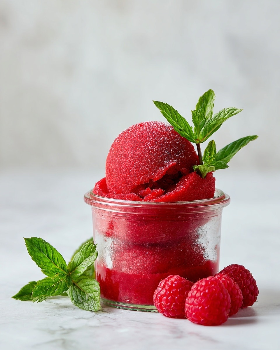 A small clear glass jar filled with a bright red raspberry sorbet, scooped with a slightly rough texture on top. The sorbet looks smooth and cold, sitting just above the rim of the jar. A small sprig of fresh green mint leaves is placed on the right side on top of the sorbet, adding a pop of green color. In front of the jar, there are three fresh raspberries grouped together with another small sprig of green mint leaves nearby. Another cluster of three raspberries sits to the right side of the jar. The whole scene is set on a white marbled surface with a clean, bright look. photo taken with an iphone --ar 4:5 --v 7