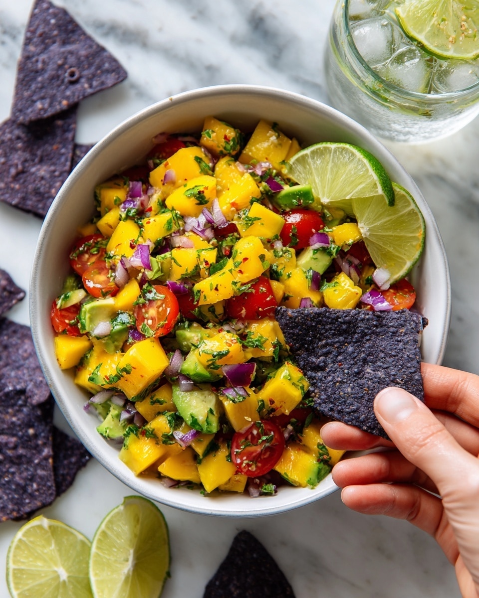 The image shows a close-up of a fresh salsa salad in a white bowl. The dish has four main layers: bright yellow mango cubes, light green avocado chunks, small pieces of purple onion, and halved red cherry tomatoes. Scattered on top are bits of fresh green cilantro leaves, adding a touch of texture. The colors are vibrant and the textures range from the soft avocados to the juicy tomatoes and crisp onions, all sitting together on a white marbled surface. photo taken with an iphone --ar 4:5 --v 7