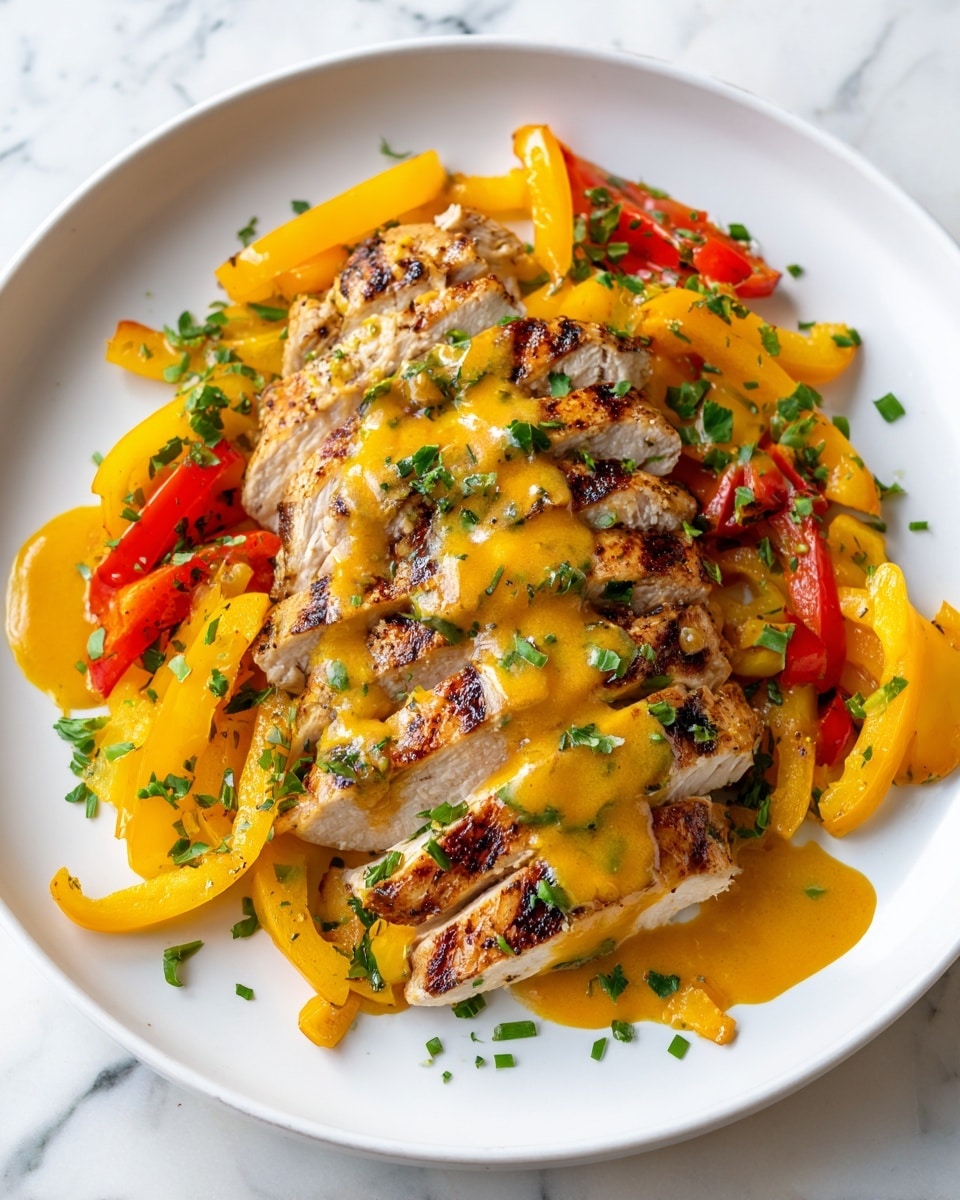 The image shows a white plate filled with several thick slices of grilled chicken layered in the center, each slice showing a light brown charred texture with white inside. The chicken is topped with glossy yellow-orange sauce and small chunks of yellow bell pepper. Around the chicken, there are strips of cooked yellow bell peppers with a slightly soft texture and scattered green herb bits for garnish. The plate sits on a white marbled surface. Photo taken with an iphone --ar 4:5 --v 7