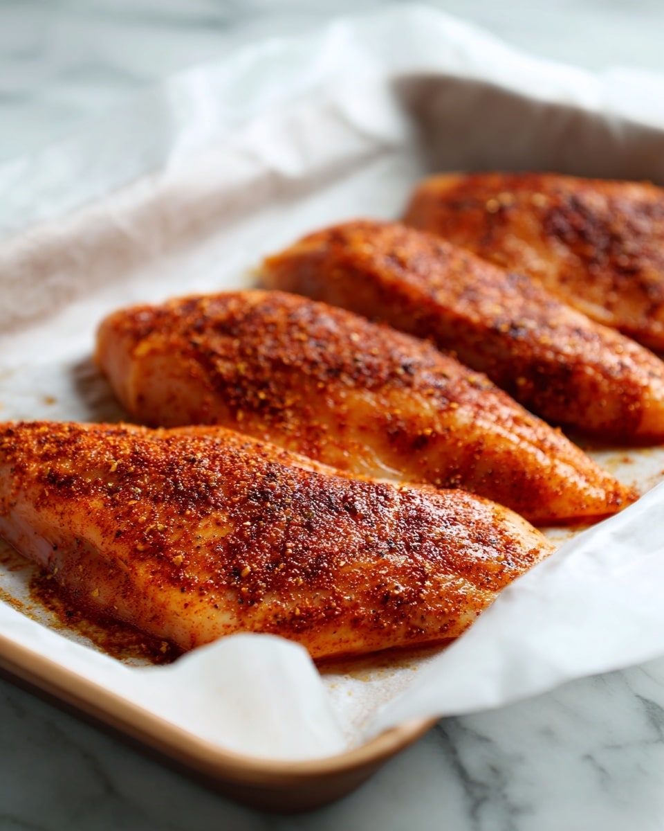 The image shows three raw chicken pieces seasoned with a reddish-brown spice mix, arranged in a row on a white baking tray lined with white parchment paper. The chicken pieces have a moist and slightly shiny texture, with the spice mix evenly spread across the surface, giving the meat a speckled appearance. The tray sits on a white marbled surface, and the overall scene has soft, natural lighting. photo taken with an iphone --ar 4:5 --v 7