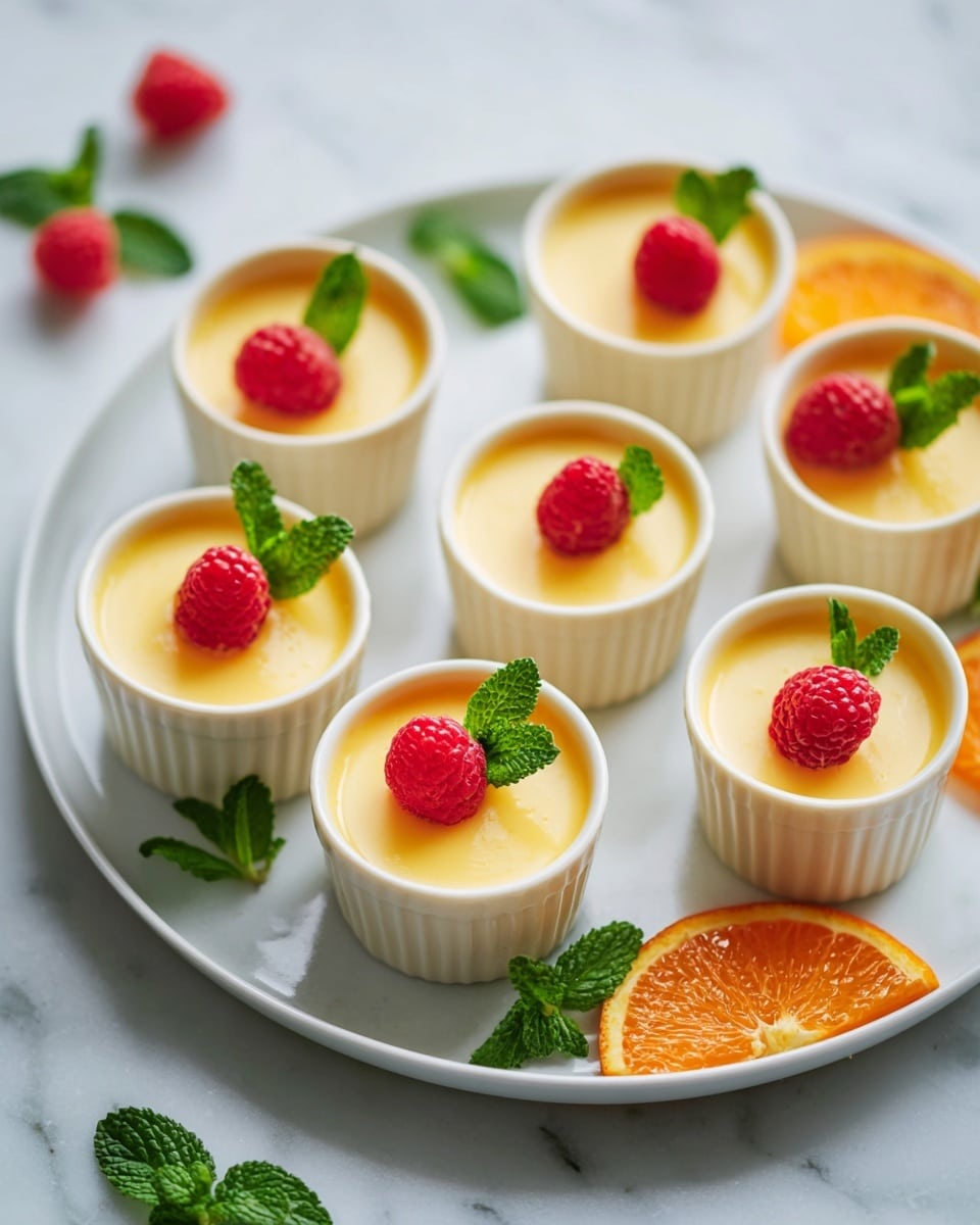 A small round dessert inside a hollowed orange peel with a smooth, creamy pale yellow filling that almost fills the peel. On top, near the center, is a single bright red raspberry with a small green mint leaf. The orange peel sits on a white plate. Around the plate are sliced orange pieces, a silver spoon on the lower right, and green mint leaves to the upper left, all placed on a white marbled surface. The photo was taken with an iphone --ar 4:5 --v 7