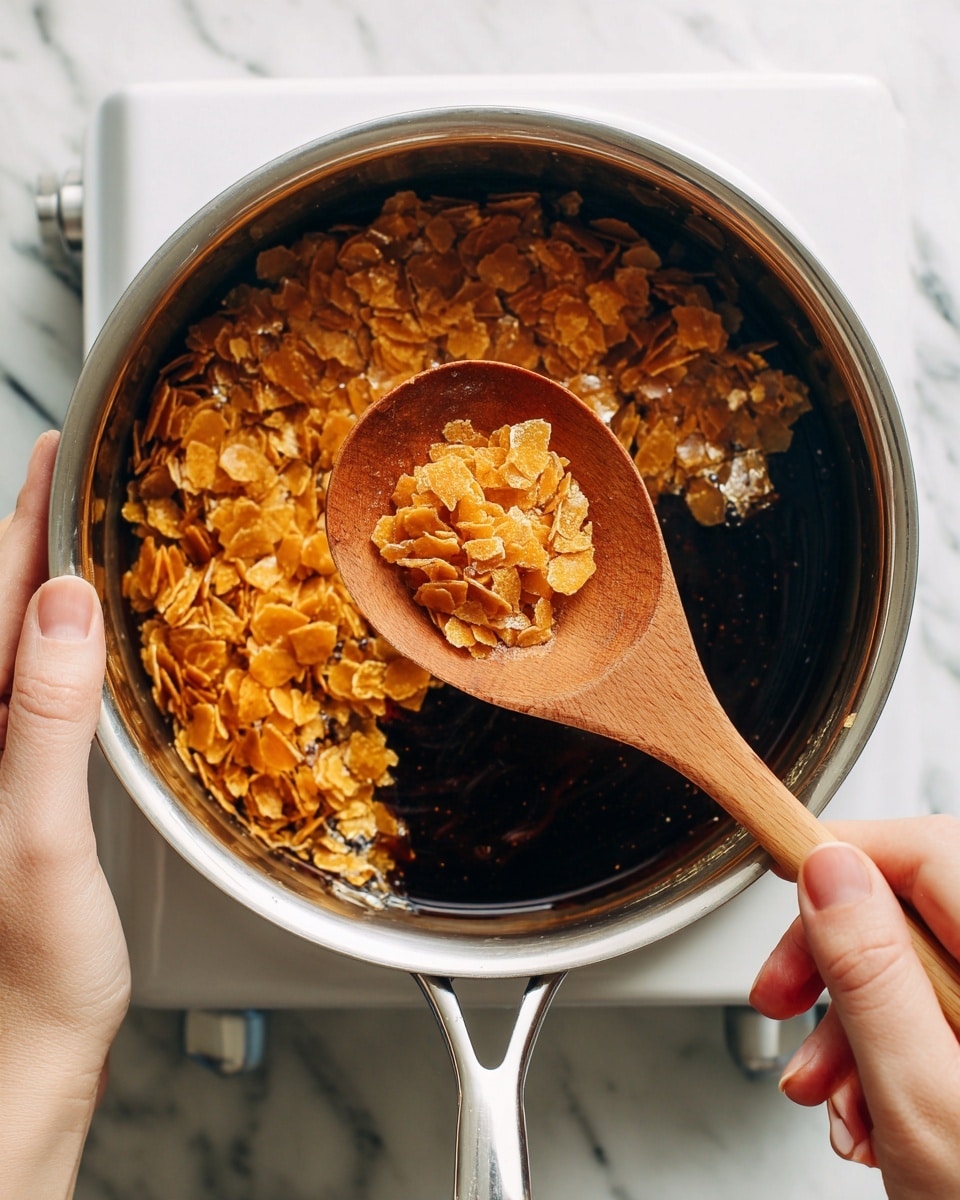The image shows a silver pot on a stove with a white marbled surface underneath. Inside the pot, there is a layer of golden brown, crispy, flattened flakes that look like they are coated with a shiny syrup. A wooden spoon lifts a scoop of these sticky flakes from a layer of dark syrup at the bottom of the pot. Two woman's hands hold the wooden spoon and the pot's handle, showing the cooking process. The colors are warm with tones of amber and brown on the flakes, contrasted by the silver pot and white marbled background. photo taken with an iphone --ar 4:5 --v 7