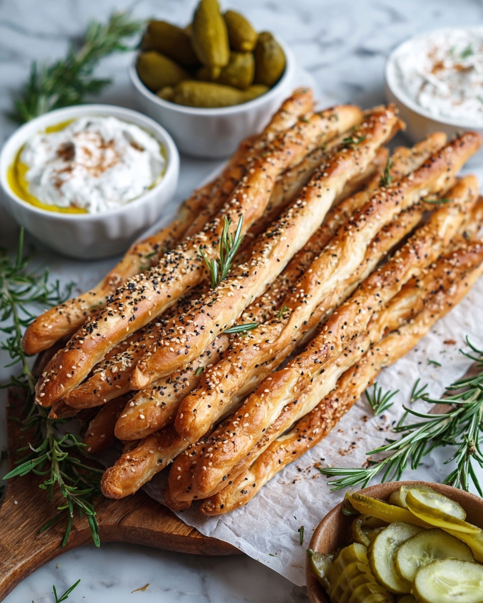 A pile of long, thin breadsticks with a light brown color and a slightly rough texture, sprinkled with black and white sesame seeds and coarse salt, lying on a sheet of parchment paper over a wooden board. Around the breadsticks, there are small green rosemary sprigs and parts of white bowls filled with white creamy dip topped with olive oil and spices, and some sliced green pickles. The surface beneath everything is a white marbled texture. photo taken with an iphone --ar 4:5 --v 7